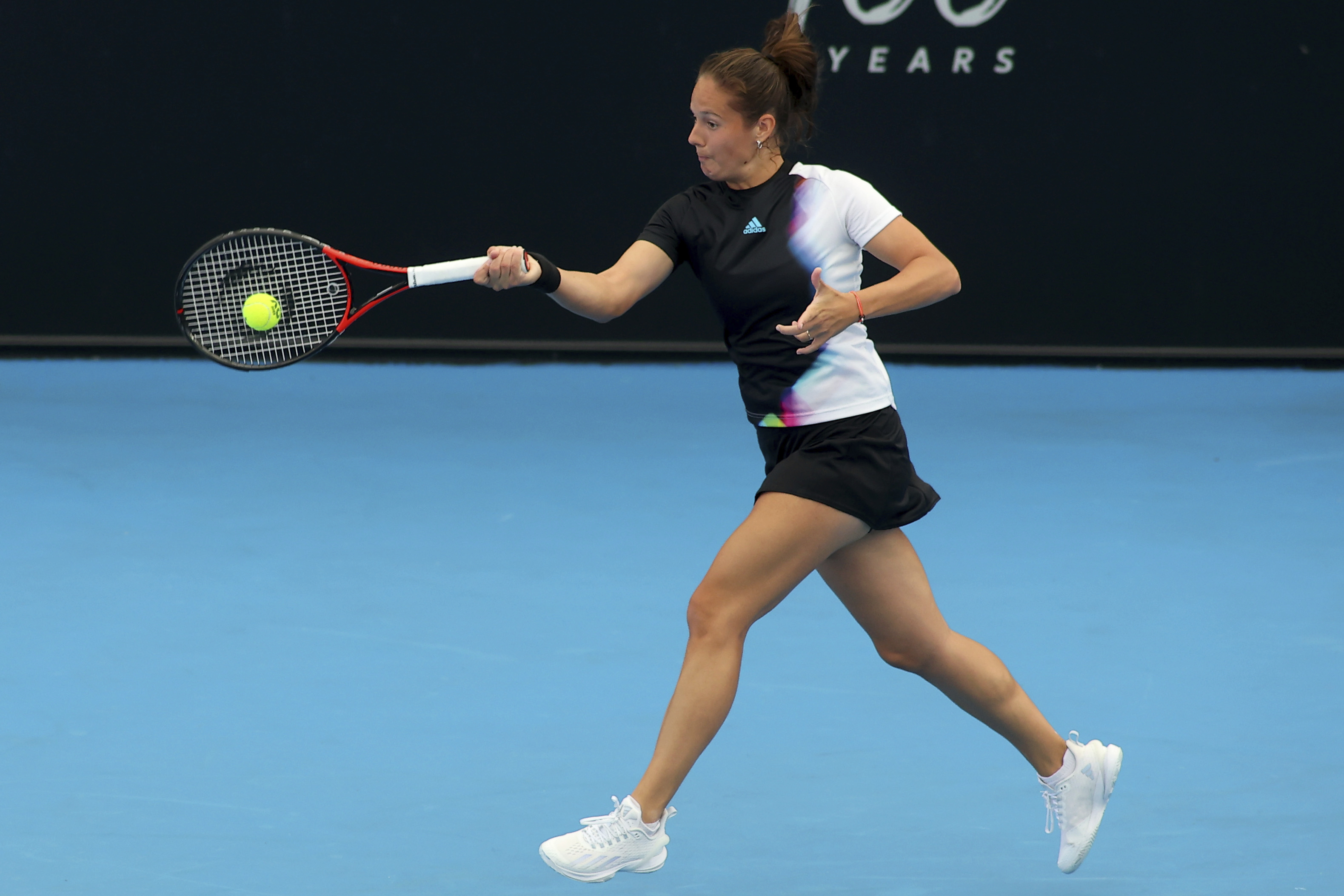 Russia's Daria Kasatkina makes a forehand return to Czech Linda Noskova during their Round of 32 match at the Adelaide International Tennis tournament in Adelaide, Australia, Monday, Jan. 2, 2023. 