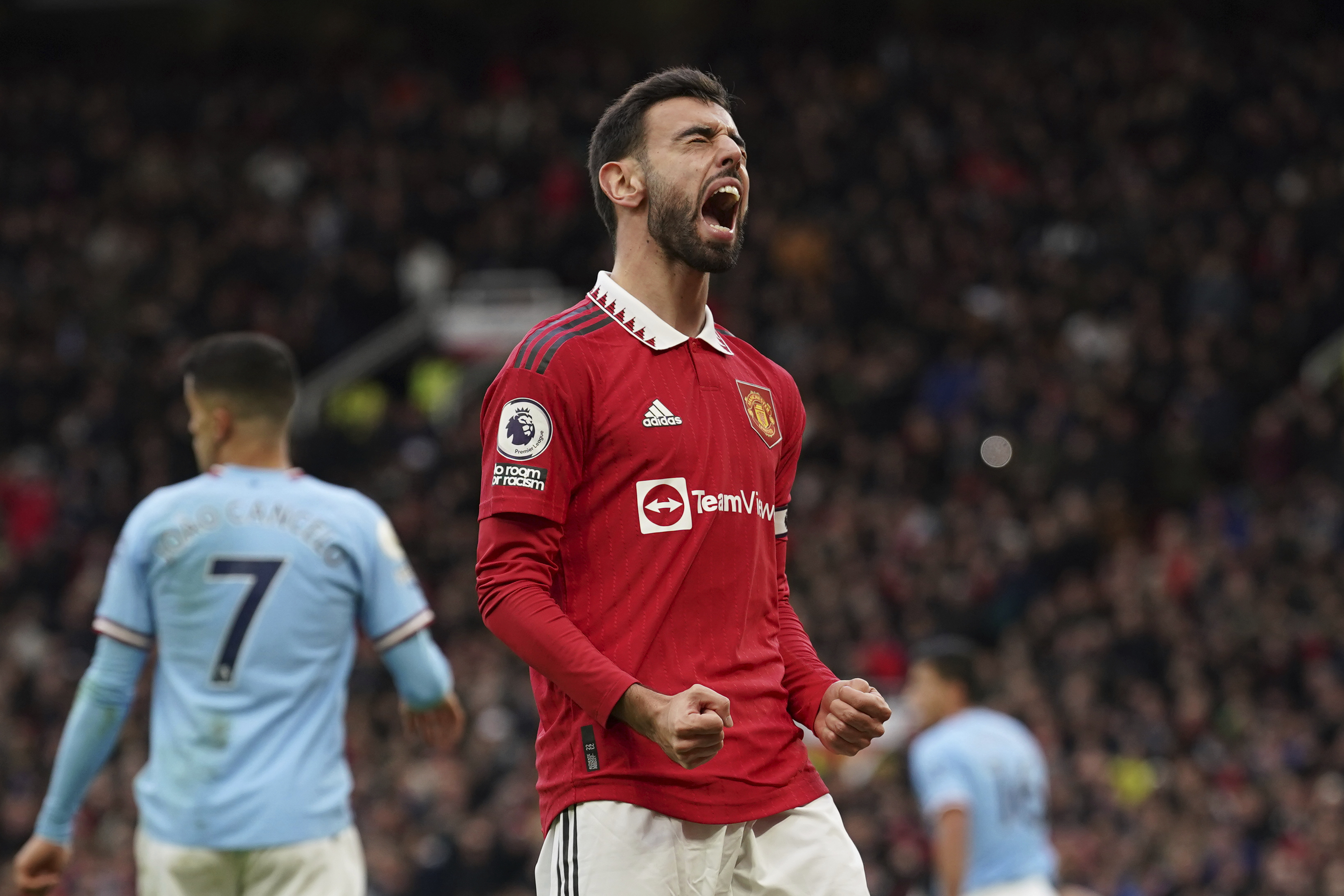 Manchester United's Bruno Fernandes shouts after missing an opportunity to score during the English Premier League soccer match between Manchester United and Manchester City at Old Trafford in Manchester, England, Saturday, Jan. 14, 2023. 