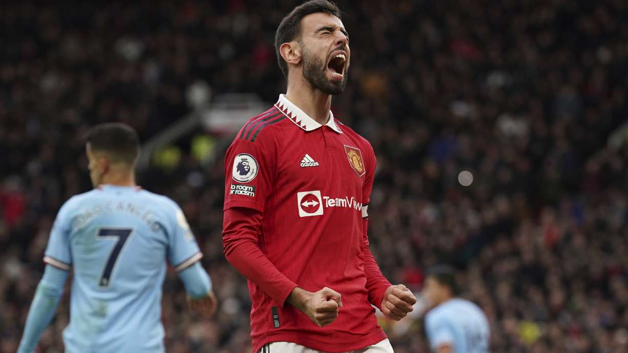 Manchester United's Bruno Fernandes shouts after missing an opportunity to score during the English Premier League soccer match between Manchester United and Manchester City at Old Trafford in Manchester, England, Saturday, Jan. 14, 2023.