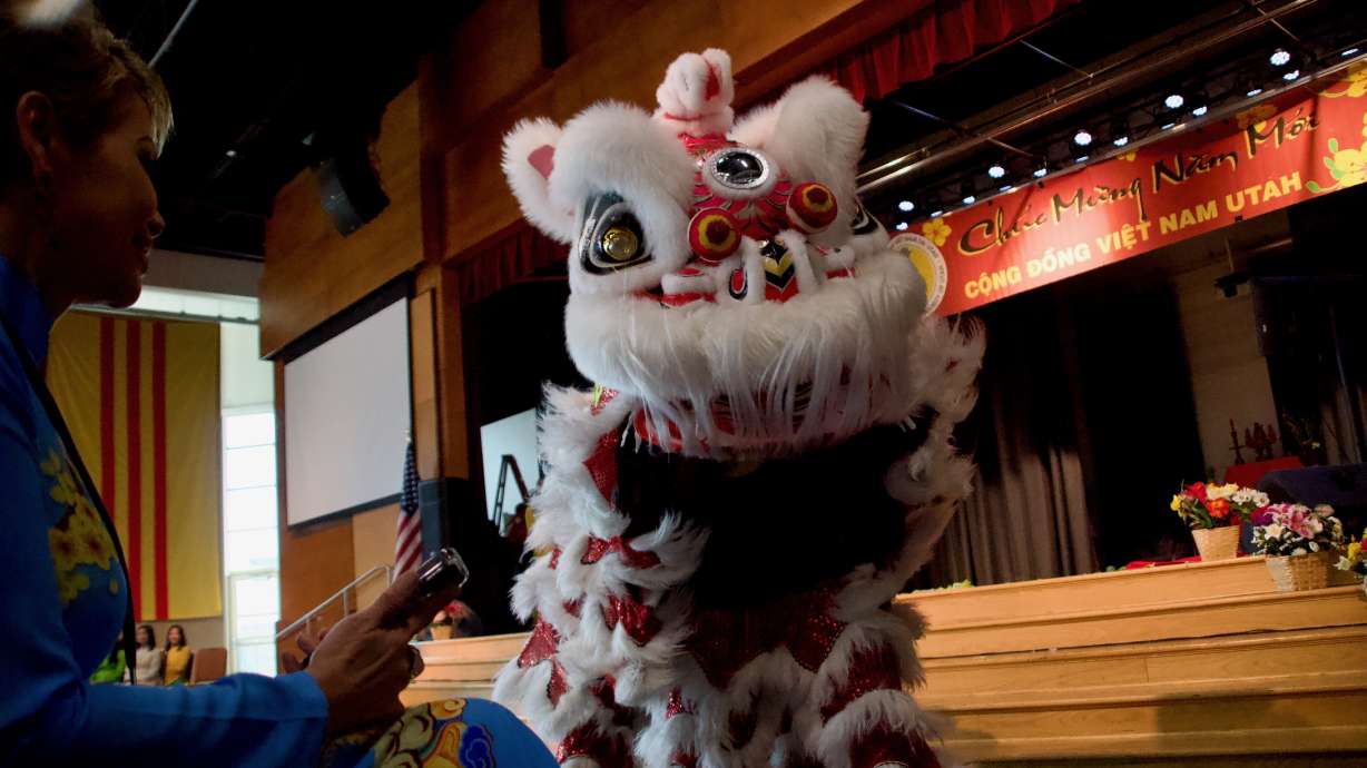 Lion dancers perform at a Vietnamese New Year Celebration on Saturday at the Utah Cultural Celebration Center in West Valley.