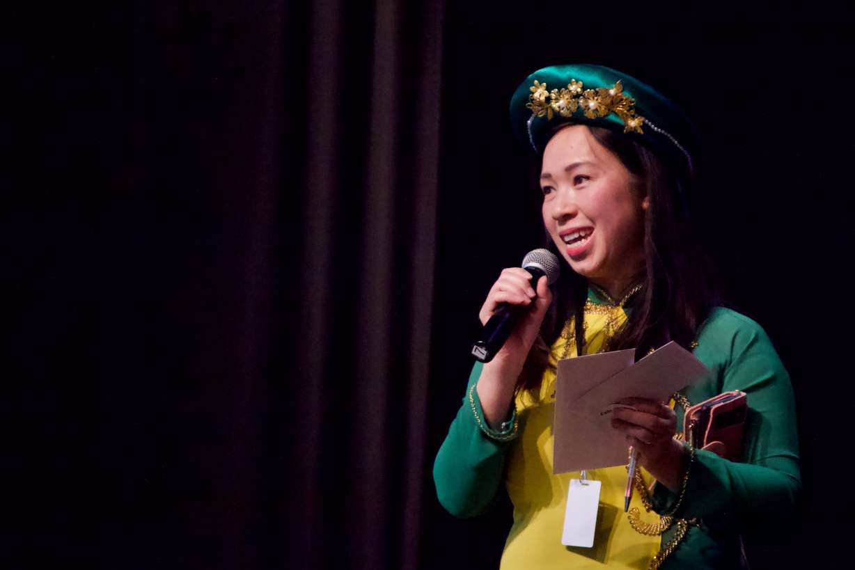 Tammy Luu, vice president of the Vietnamese American Community of Utah, speaks at a Vietnamese New Year Celebration on Saturday at the Utah Cultural Celebration Center in West Valley.