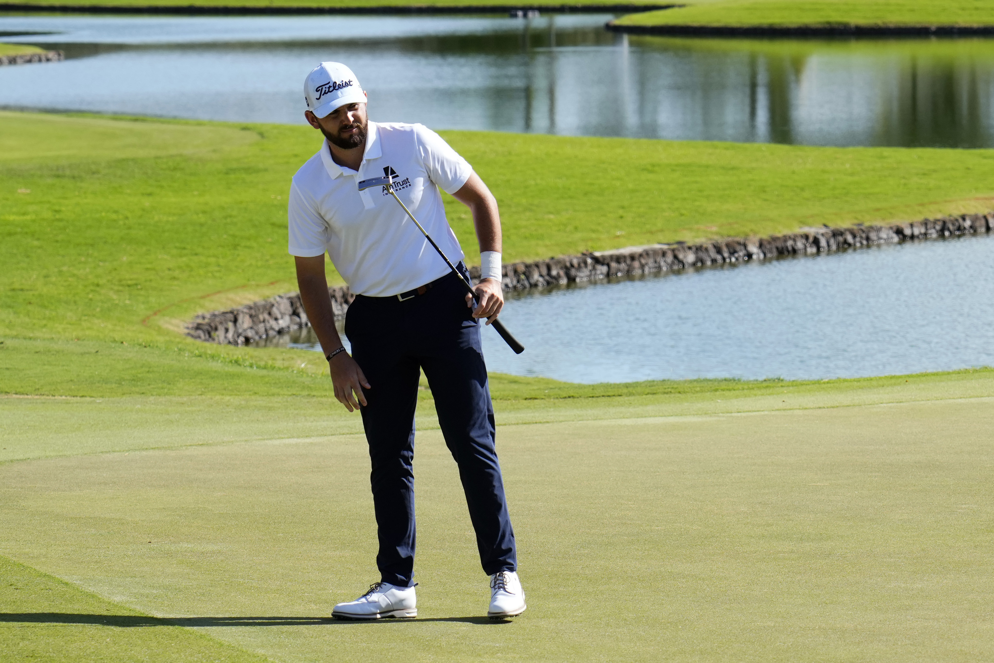 Hayden Buckley watches his birdie putt miss the cup on the third green during the third round of the Sony Open golf tournament, Saturday, Jan. 14, 2023, at Waialae Country Club in Honolulu. 