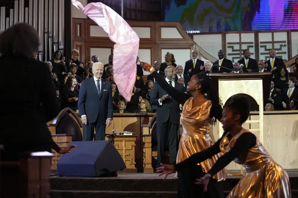President Joe Biden attends a service honoring Martin Luther King Jr. at Ebenezer Baptist Church in Atlanta, Sunday.