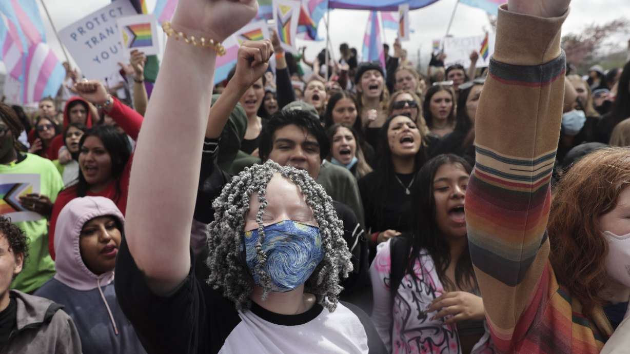 East High School students protest the Utah Legislature’s passage of HB11, which bans transgender girls from participating in female school sports, at the school in Salt Lake City on April 15, 2022.