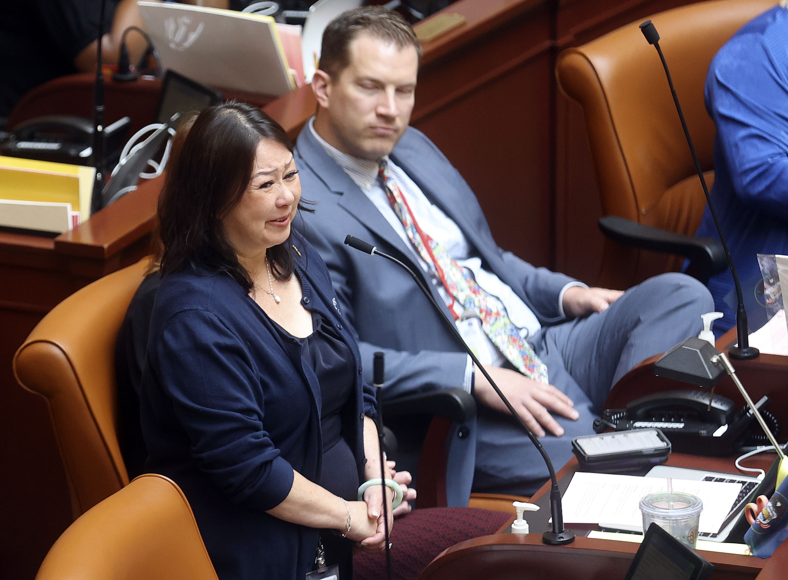 Rep. Karen Kwan, D-Murray, gets emotional as she thanks lawmakers for supporting her resolution honoring Asian American and Pacific Islander communities passed unanimously in the House during a special session of the Legislature at the Capitol in Salt Lake City, May 19, 2021. Utah Democratic Party delegates elected Kwan to the Utah Senate during a special election held Monday. 