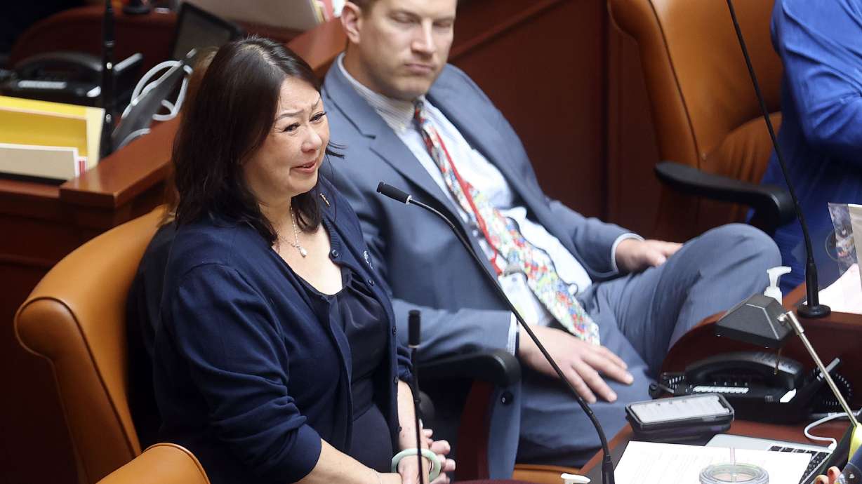 Rep. Karen Kwan, D-Murray, gets emotional as she thanks lawmakers for supporting her resolution honoring Asian American and Pacific Islander communities passed unanimously in the House during a special session of the Legislature at the Capitol in Salt Lake City, May 19, 2021. Utah Democratic Party delegates elected Kwan to the Utah Senate during a special election held Monday.
