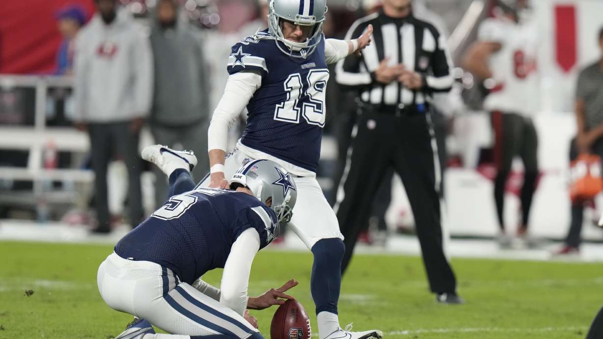 Dallas Cowboys place kicker Brett Maher (19) misses an extra point against the Tampa Bay Buccaneers during the second half of an NFL wild-card football game, Monday, Jan. 16, 2023, in Tampa, Fla. Maher missed his fourth attempt at an extra point.