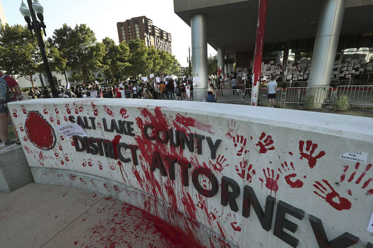 Protesters decrying the police shooting of Bernardo Palacios-Carbajal painted and marked the district attorney's office in Salt Lake City on Thursday, July 9, 2020. Palacios' family appealed the dismissal of a lawsuit alleging he didn’t pose a threat to Salt Lake police, and the 10th Circuit Court of Appeals heard arguments for the appeal on Tuesday.