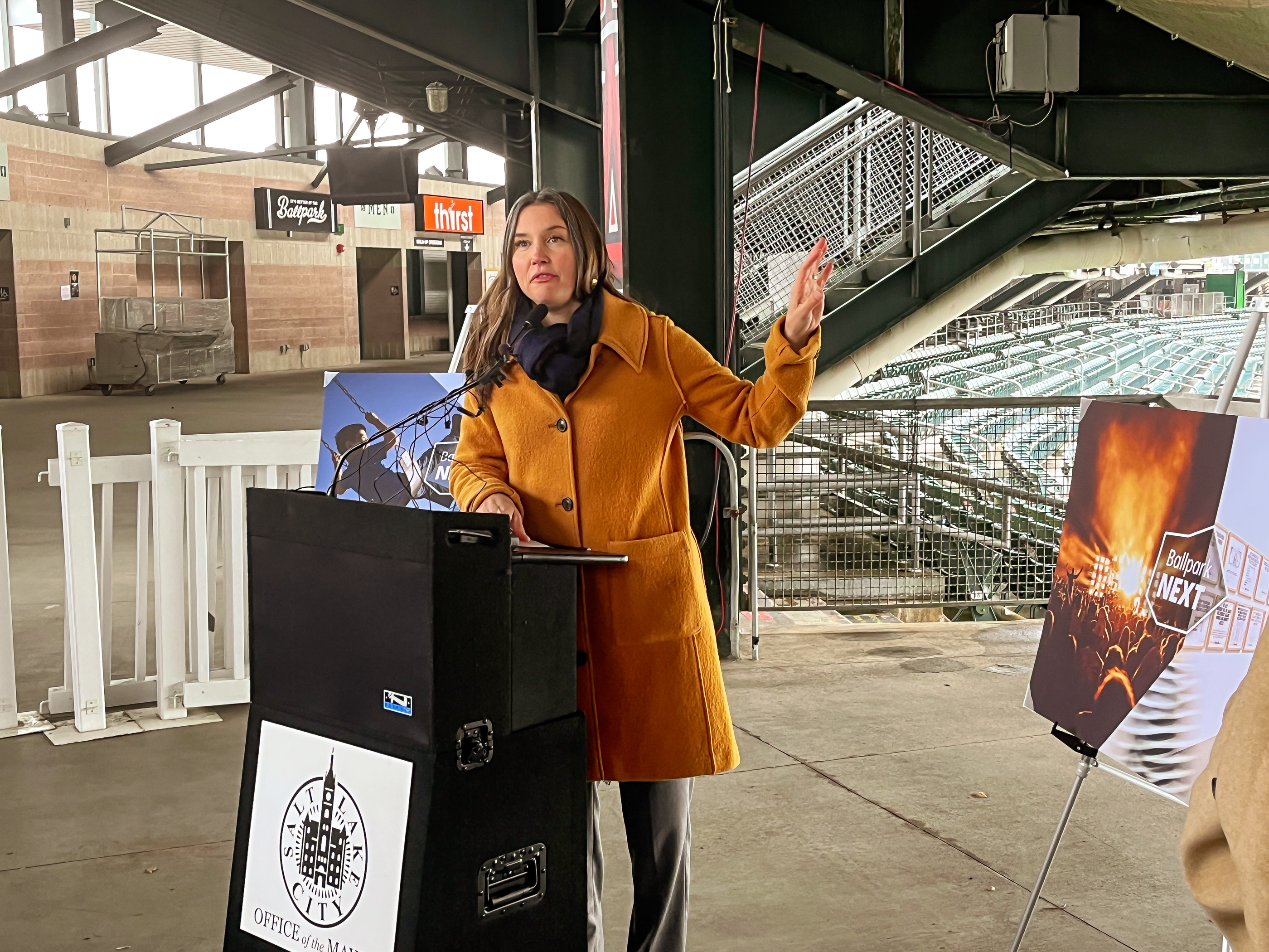 Salt Lake City Mayor Erin Mendenhall speaks at a press conference at Smith's Ballpark on Tuesday morning. The mayor unveiled "Ballpark NEXT," a design competition for the future of Smith's Ballpark after the Salt Lake Bees leave at the end of the 2024 season.