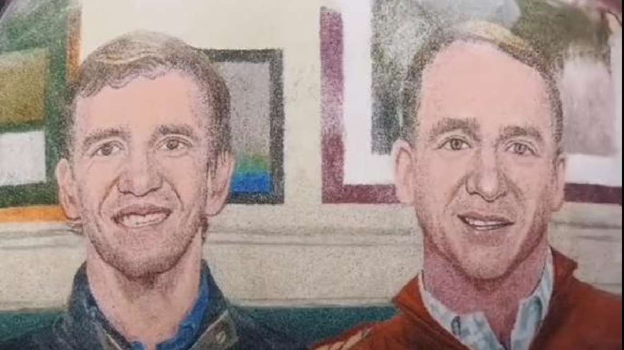 Artist uses sand to depict portraits of former NFL quarterbacks Peyton and Eli Manning.