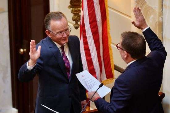 Senate President Stuart Adams, R-Layton, is sworn in by University of Utah President Taylor R. Randall at the opening of the 2023 legislative session at the Capitol in Salt Lake City on Tuesday.