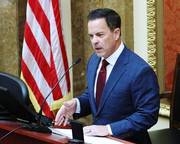 House Speaker Brad Wilson, R-Kaysville, gives his speech during the opening day of the Utah Legislature’s 2023 session at the Capitol in Salt Lake City on Tuesday.