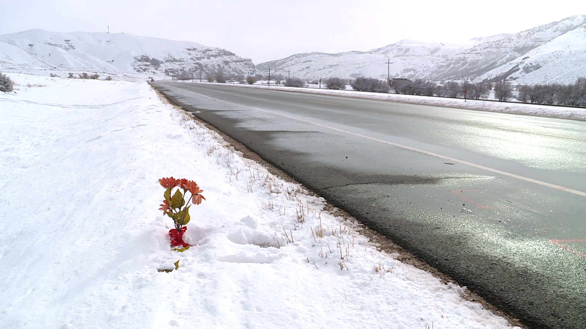 Flowers are seen Tuesday at the site of an accident in Summit County. Zander Jones, 14, died after being hit by a truck when he stopped his four-wheeler on Thursday, Jan. 12.