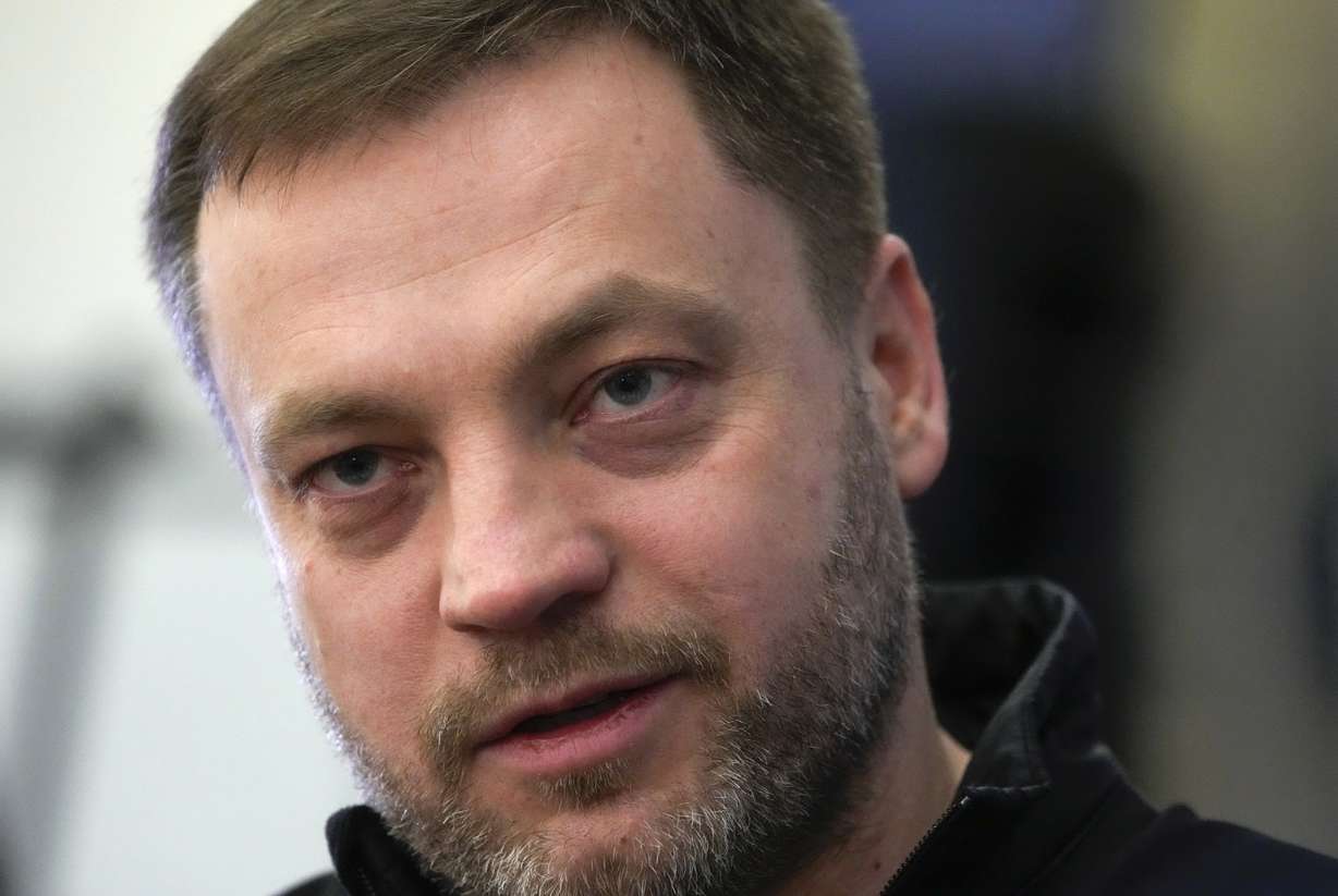 Ukrainian Interior Minister Denys Monastyrskyi speaks during an interview with The Associated Press in Kyiv, Ukraine, March 18, 2022.