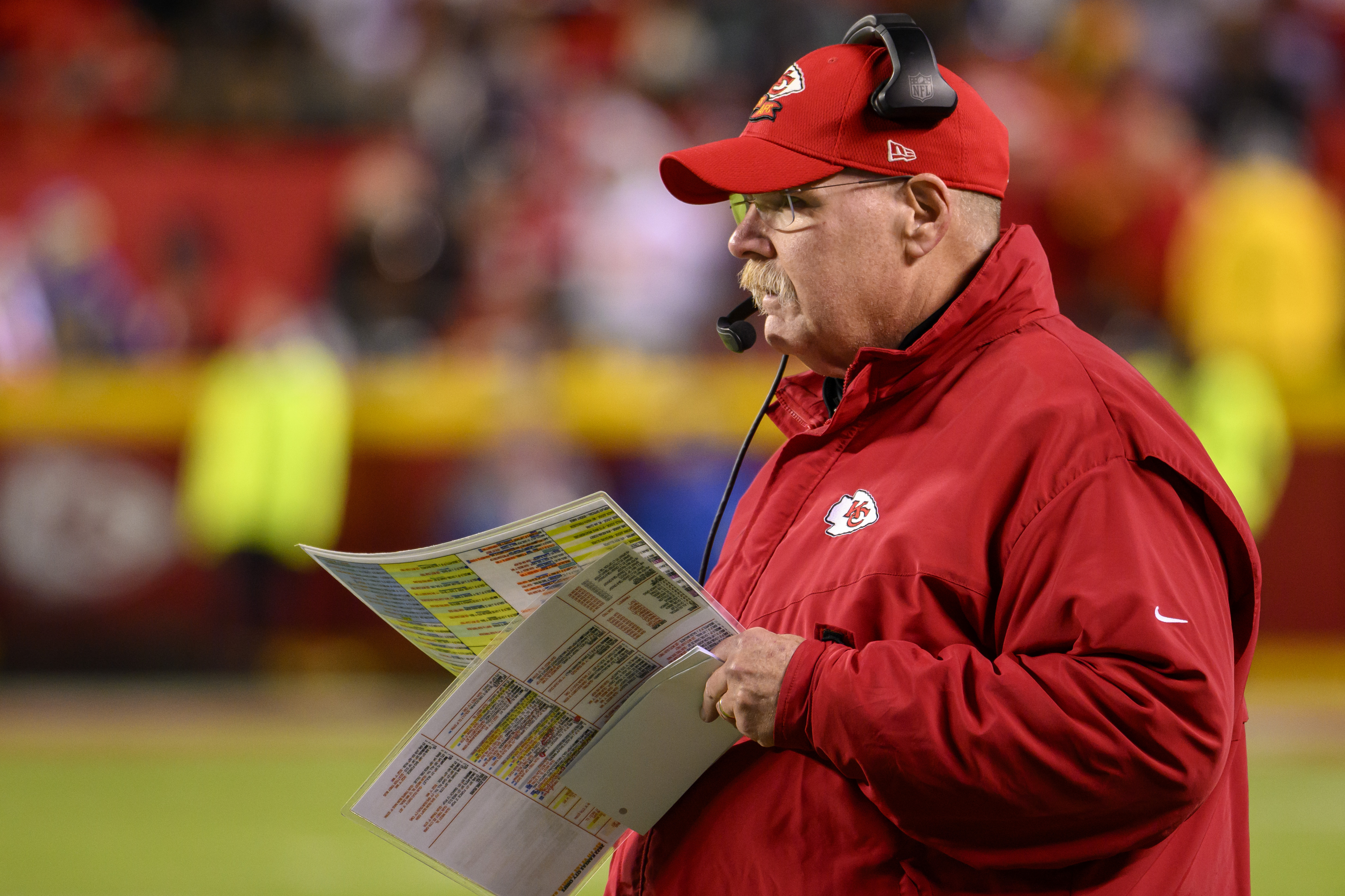 Kansas City Chiefs head coach Andy Reid watches as his team beats the Los Angeles Rams in an NFL football game, Sunday, Nov. 27, 2022 in Kansas City, Mo.