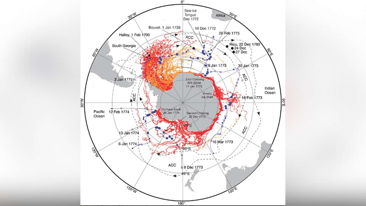 Comparison of the data sets: BYU/National Ice Center and in red, Denmark's Alfred Wegener Institute in orange, Halley, Bouvet and Riou observations in black and Captain James Cook's cruise tracks and data points in blue.