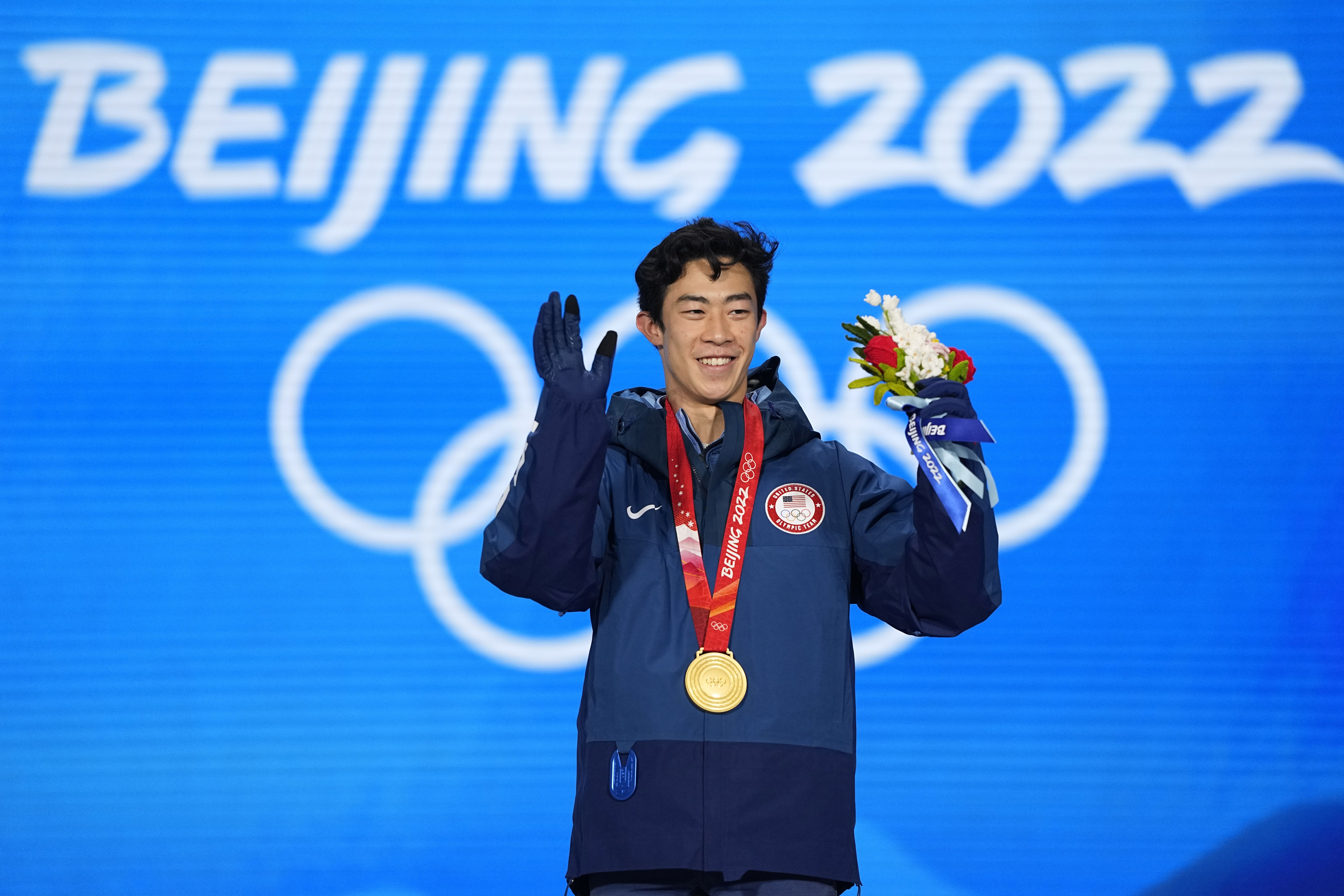 Gold medalist Nathan Chen of the United States celebrates during the medal ceremony for the men’s free skate at the 2022 Winter Olympics, Feb. 10, 2022, in Beijing. Chen says bringing the Winter Games back to Salt Lake City just "makes a lot of sense."
