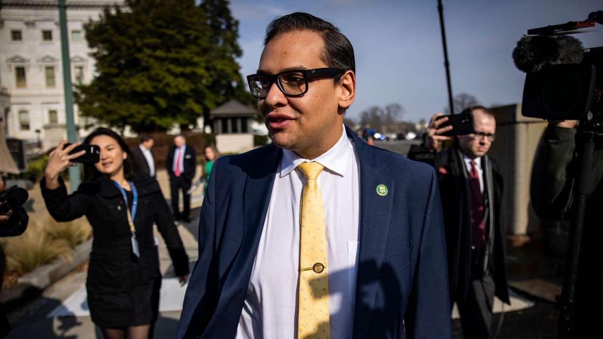 Embattled New York Republican Rep. George Santos leaves the U.S. Capitol building following a vote in the House in Washington on Jan. 12. Two veterans say Santos promised to raise funds for lifesaving surgery for one of their dogs in 2016, then became elusive and took off with the money.