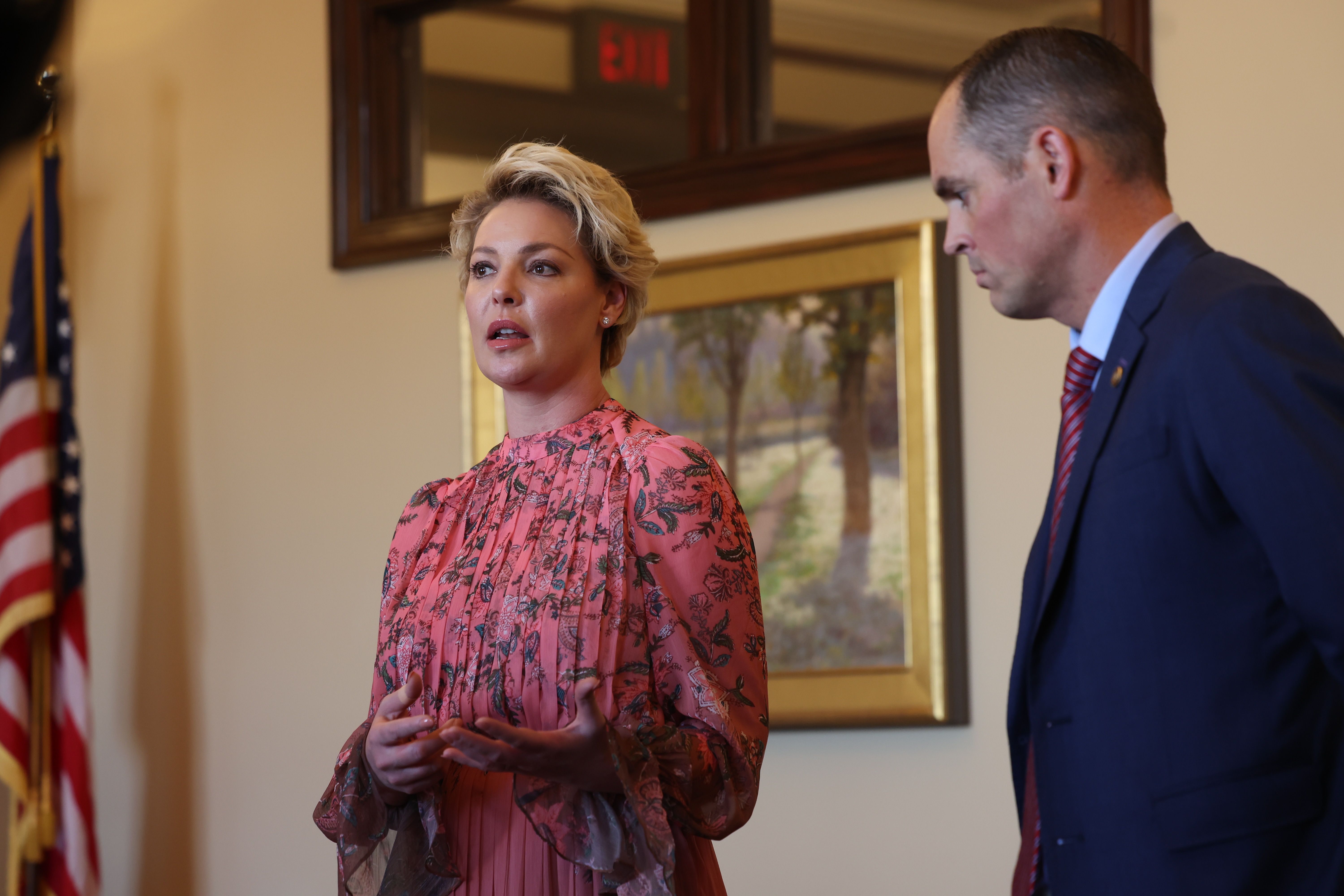 Actress and Utah resident Katherine Heigl speaks Wednesday afternoon at the Capitol with Sen. Mike McKell, R-Spanish Fork, on a bill that would prohibit animal shelters from using gas chambers.
