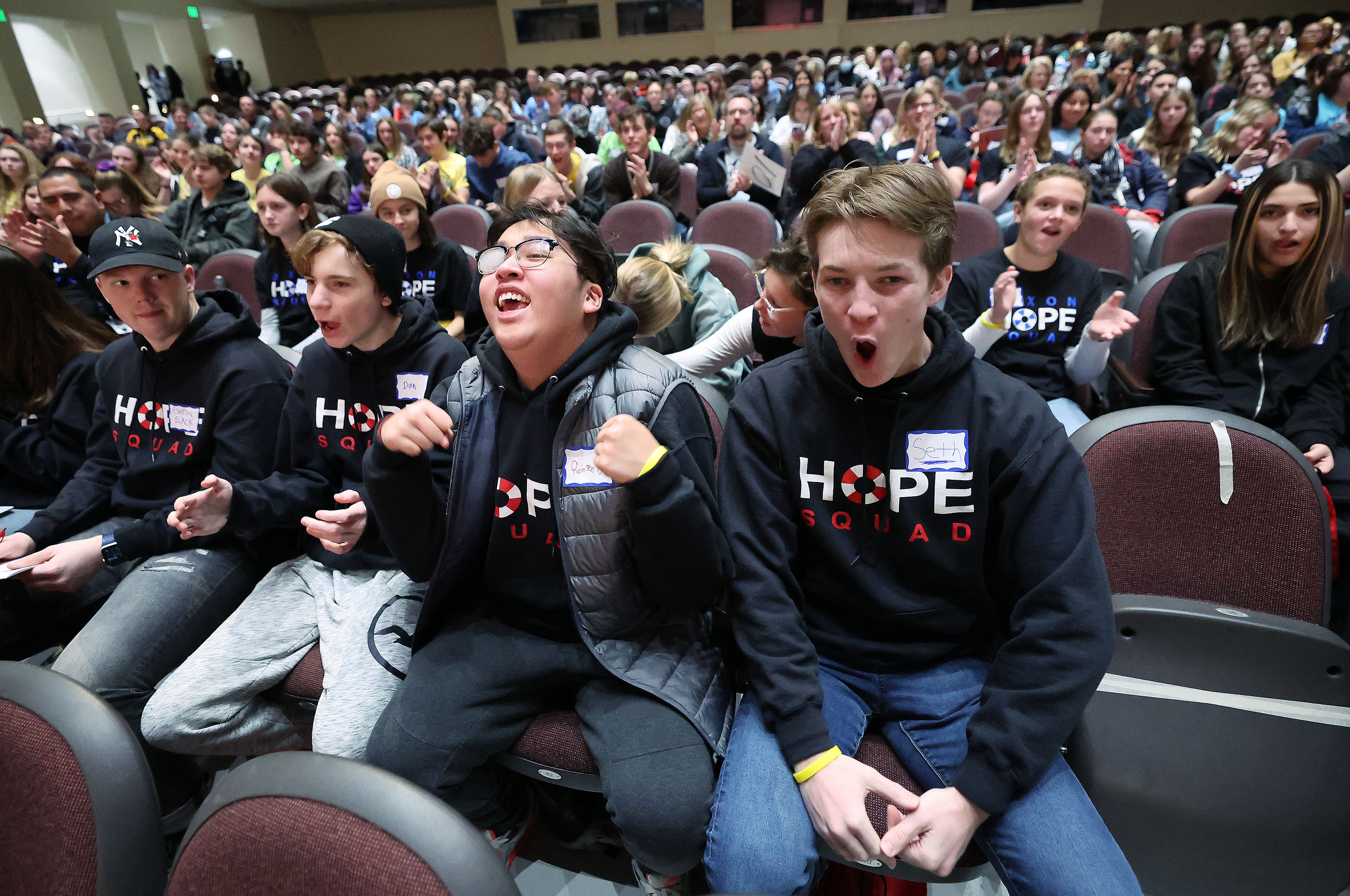 Bingham High’s Daniel Berg, Quinton Vuong and Seth Olsen cheer as Hope Squad members from across Utah gather for a day of mental health advocacy through interactive and collaborative activities at Mountain View High School in Orem on Jan. 18, 2023.