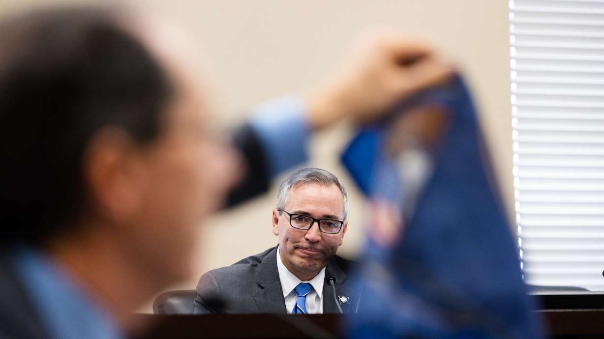 Sen. Daniel McCay, R-Riverton, looks on as Michael De Groote displays a Utah state flag during a meeting of the Utah Senate Business and Labor Committee to discuss a bill to change the state flag at the Capitol in Salt Lake City on Wednesday.
