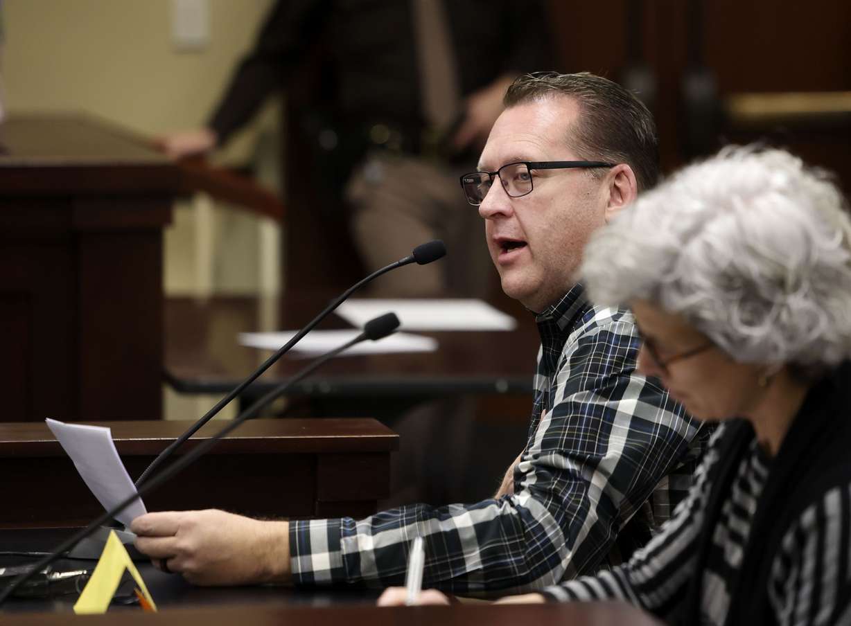 Lance Sweeten, of Woods Cross, parent of a transgender child, speaks against SB16 "Transgender Medical Treatments and Procedures Amendments” during a Senate Health and Human Services Standing Committee meeting at the Capitol in Salt Lake City on Wednesday. SB16 would ban gender-confirming surgeries and enact a moratorium on minors being prescribed puberty blockers.