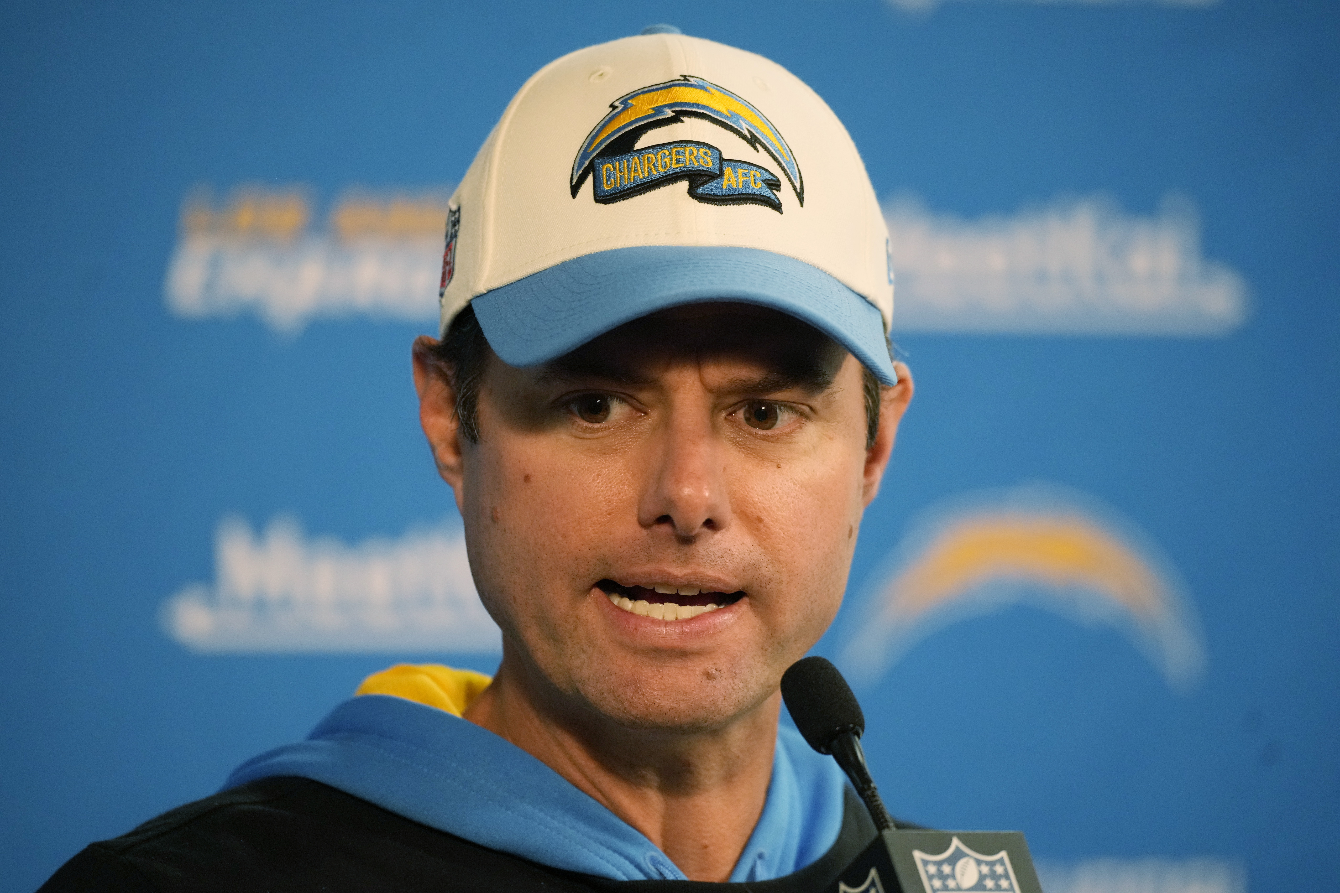 Los Angeles Chargers head coach Brandon Staley responds to questions after an NFL football game against the Denver Broncos, Sunday, Jan. 8, 2023, in Denver. 