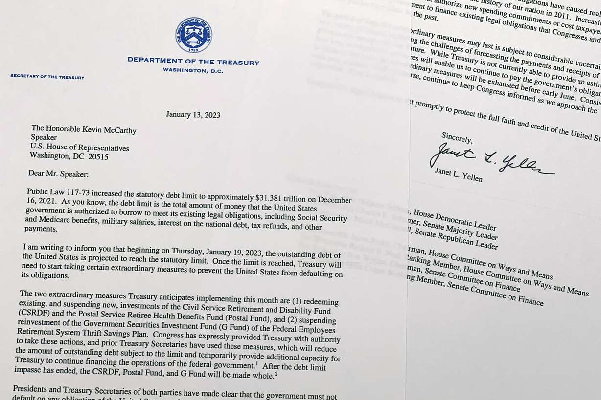 The letter from Treasury Secretary Janet Yellen to House Speaker Kevin McCarthy of Calif., photographed Friday, notifying Congress that the U.S. is projected to reach its debt limit on Jan. 19.