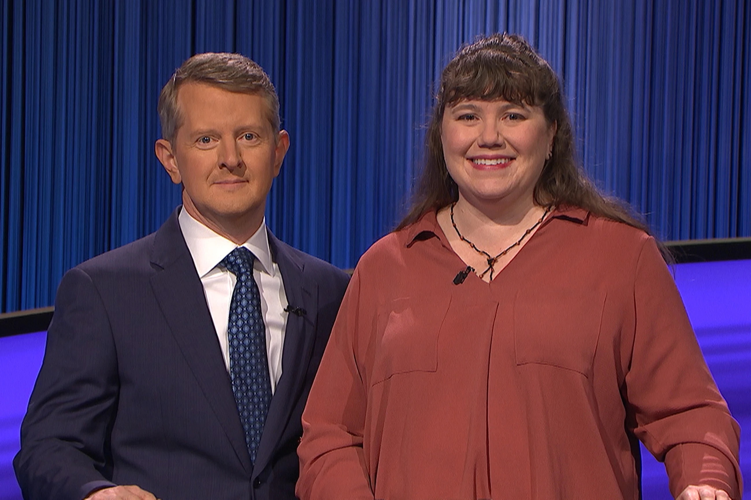 Suzanne Zgraggen is pictured with “Jeopardy!” host Ken Jennings. Zgraggen, a BYU graduate who works in the Hogle Zoo’s education department, competed on the Jan. 10 episode of “Jeopardy!”