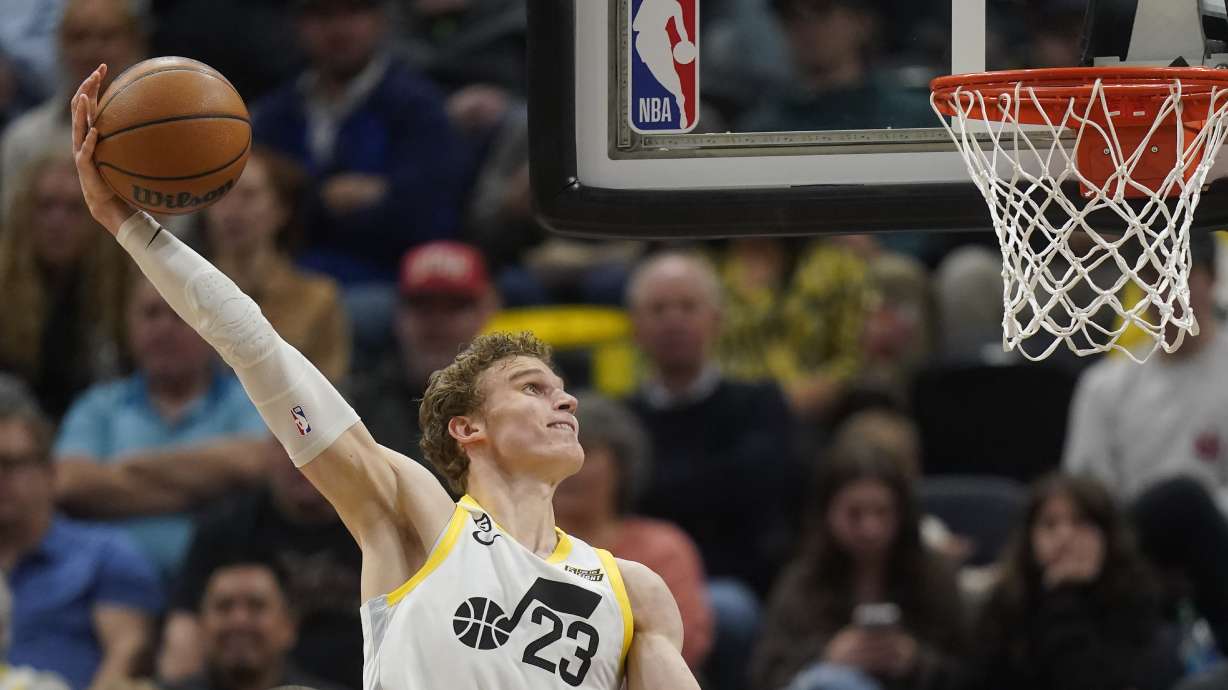 Utah Jazz forward Lauri Markkanen (23) goes to the basket during the second half of an NBA basketball game against the Los Angeles Clippers Wednesday, Jan. 18, 2023, in Salt Lake City.