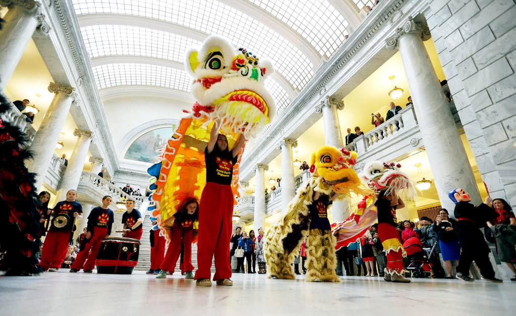 Students from Calvin Smith Elementary perform a Chinese lion dance in the state Capitol in Salt Lake City on Feb. 12, 2018. Utahns from Orem to Ogden can celebrate Chinese New Year this weekend with fireworks, traditional lion dances and more.
