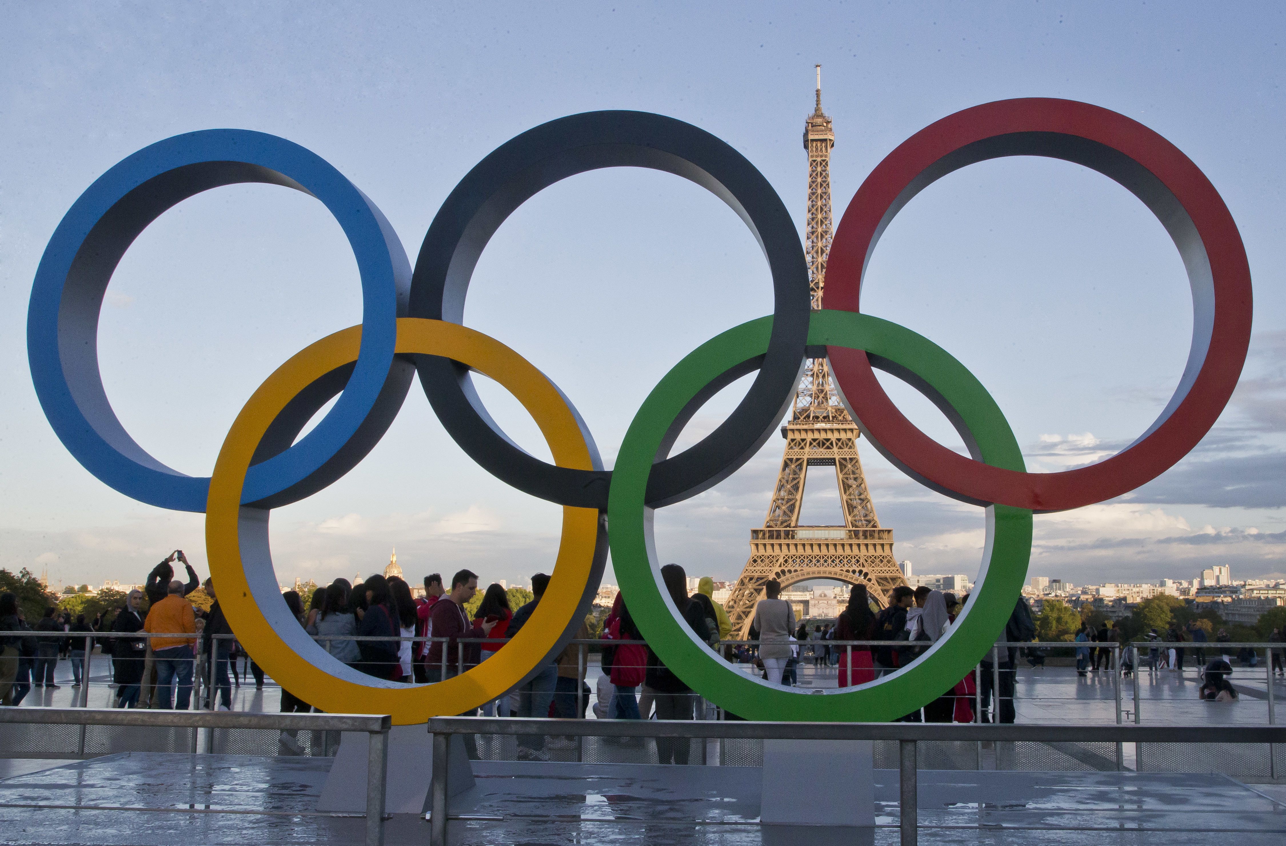 The Olympic rings are set up at Trocadero plaza overlooking the Eiffel Tower, a day after the official announcement that the 2024 Summer Olympic Games will be held in Paris, France, on Sept. 14, 2017.