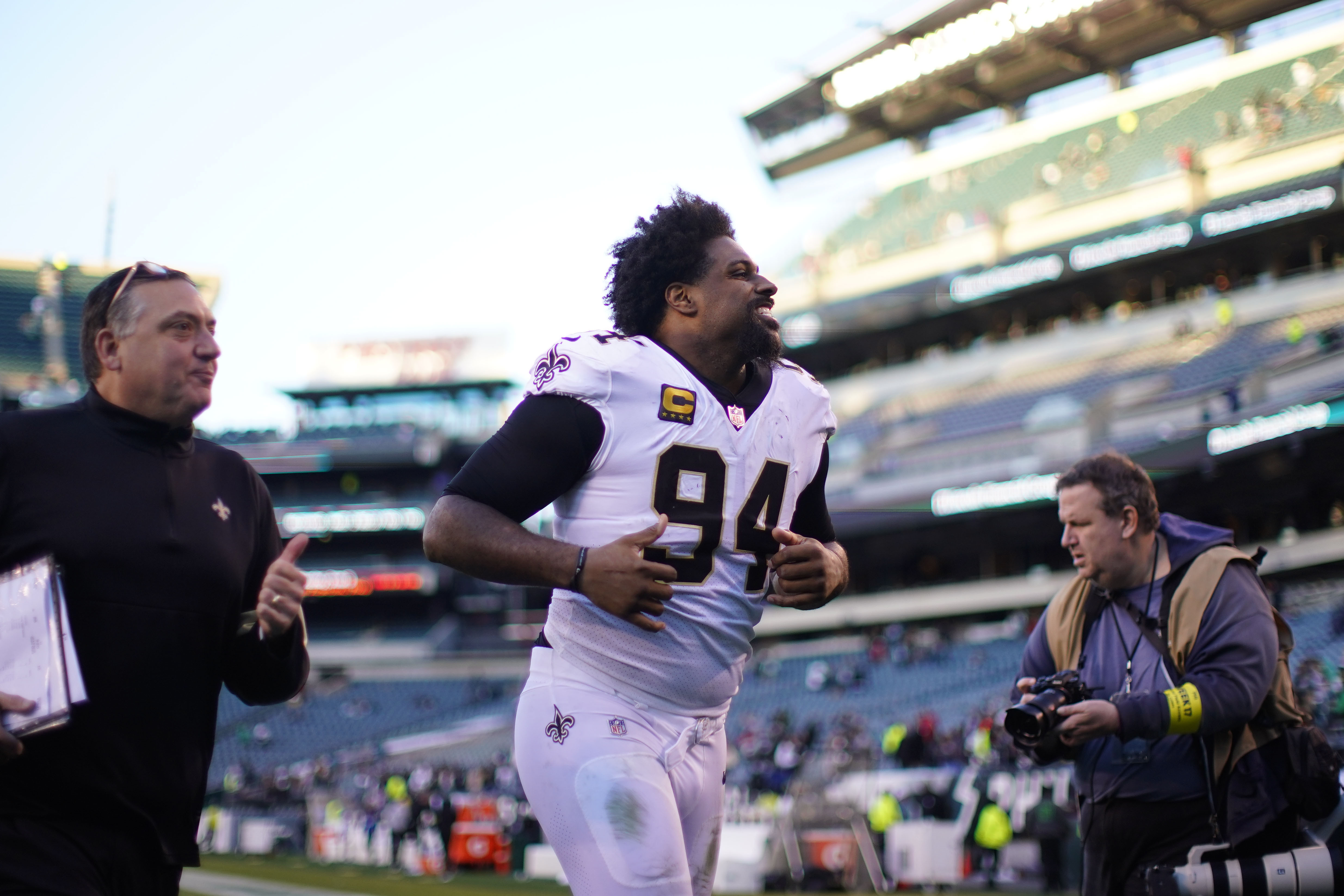 New Orleans Saints defensive end Cameron Jordan (94) runs off the field after an NFL football game against the Philadelphia Eagles in Philadelphia, Sunday, Jan. 1, 2023. The Saints won 20-10. 
