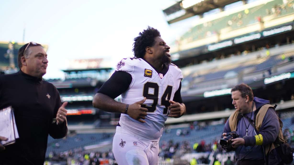 New Orleans Saints defensive end Cameron Jordan (94) runs off the field after an NFL football game against the Philadelphia Eagles in Philadelphia, Sunday, Jan. 1, 2023. The Saints won 20-10.
