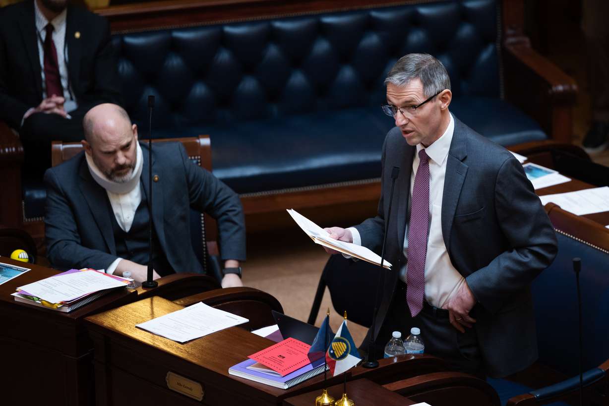 Sen. Mike Kennedy, R-Alpine, speaks to present SB16, a bill establishing a moratorium on transitioning treatments for transgender individuals during the morning session of the Utah Senate at the Capitol in Salt Lake City on Thursday.