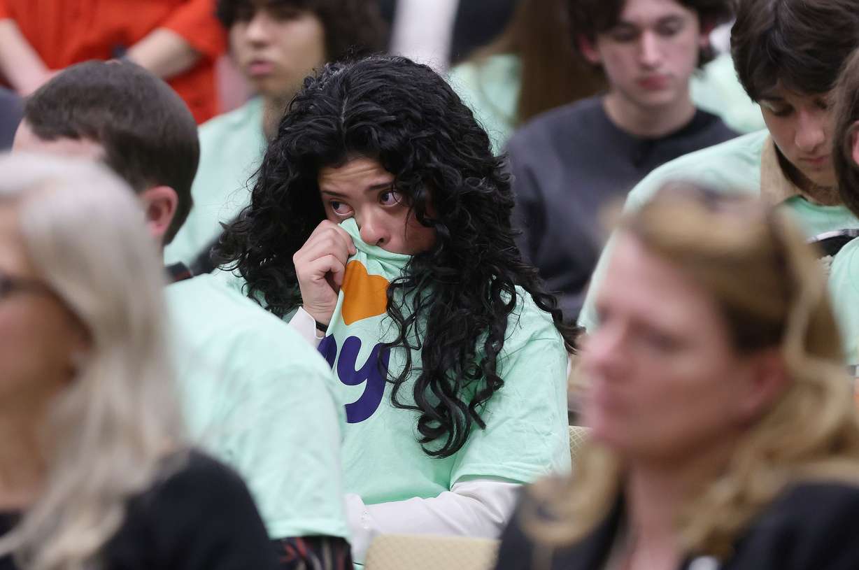 Juan Diego student Elizabeth Cruz gets emotional during public comment during a House Education Committee hearing about HB215 at the Capitol in Salt Lake City on Thursday. The bill would create the Utah Fits All Scholarships, which would link a teacher salary increase to a “school choice” program.