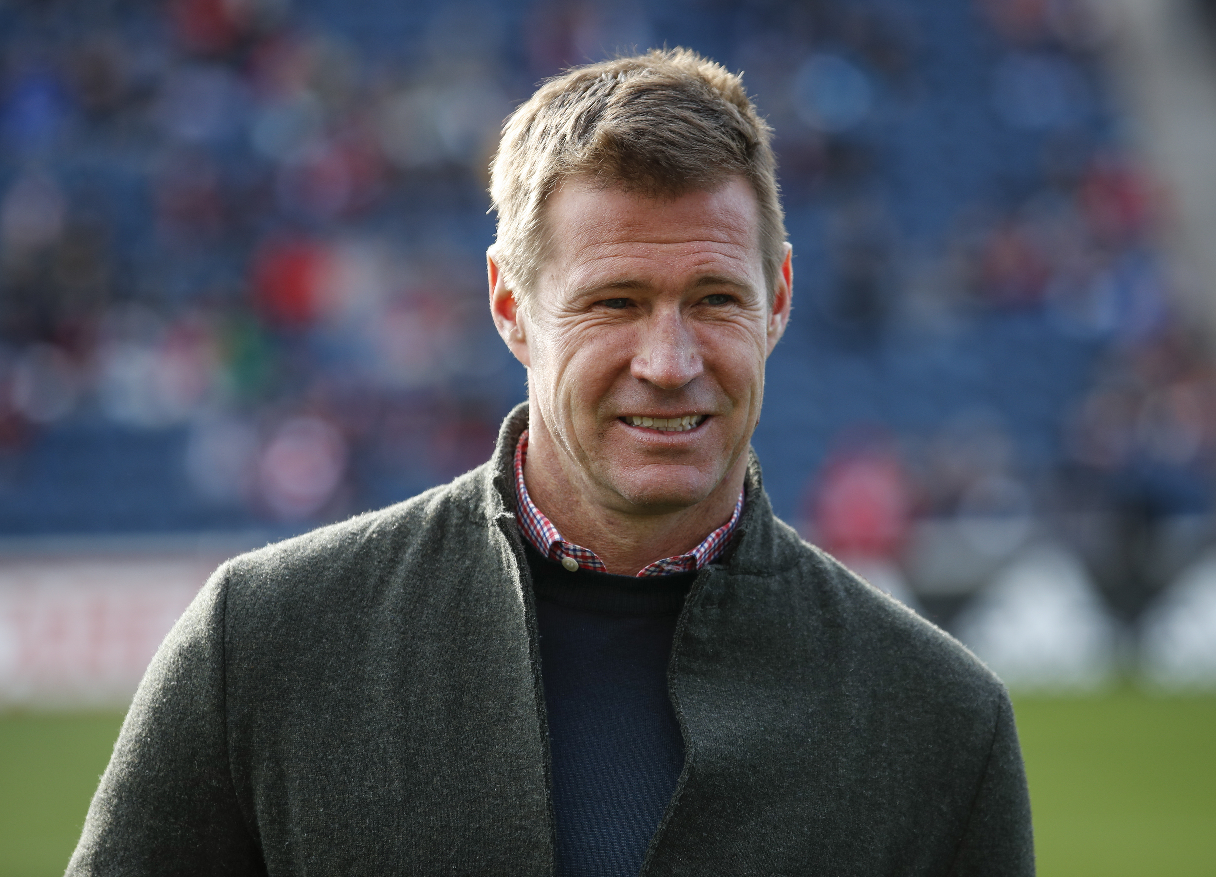 FILE - Brian McBride waits for an MLS soccer match between the Chicago Fire and Portland Timbers, March 31, 2018, in Bridgeview, Ill. McBride is out as general manager of the U.S. men's national team, U.S. Soccer Federation sporting director Earnie Stewart told the governing body's board of directors. 