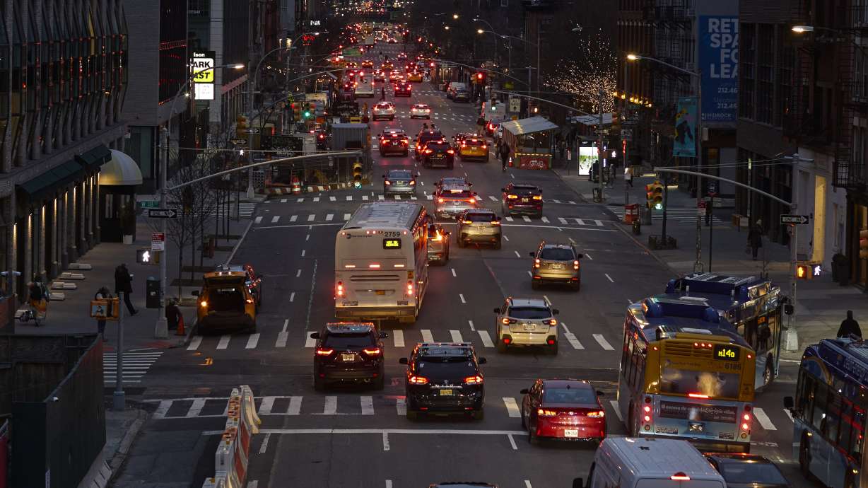 Cars drive through Manhattan on Jan. 17, in New York. The city's latest weapon in its fight against street noise is a traffic camera equipped with a sound meter.