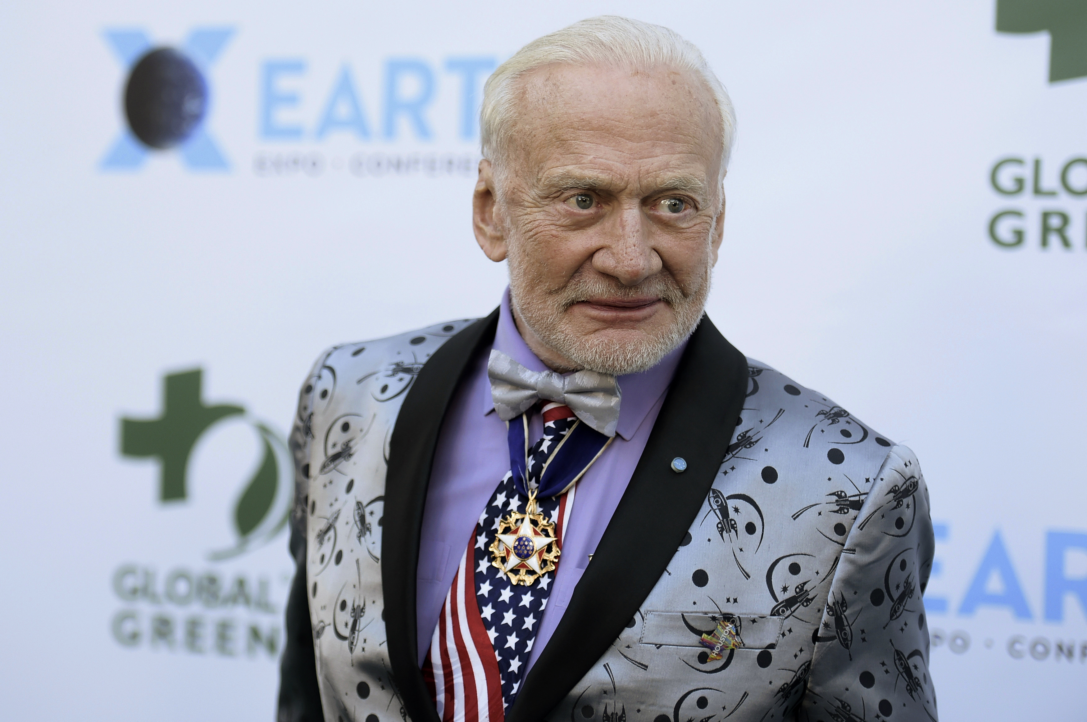 Buzz Aldrin attends the 15th annual Global Green Pre-Oscar Gala in Los Angeles on Feb. 28, 2018. Aldrin, 93, who was one of the first people to walk on the moon, married his “longtime love” in a small ceremony Friday in Los Angeles.