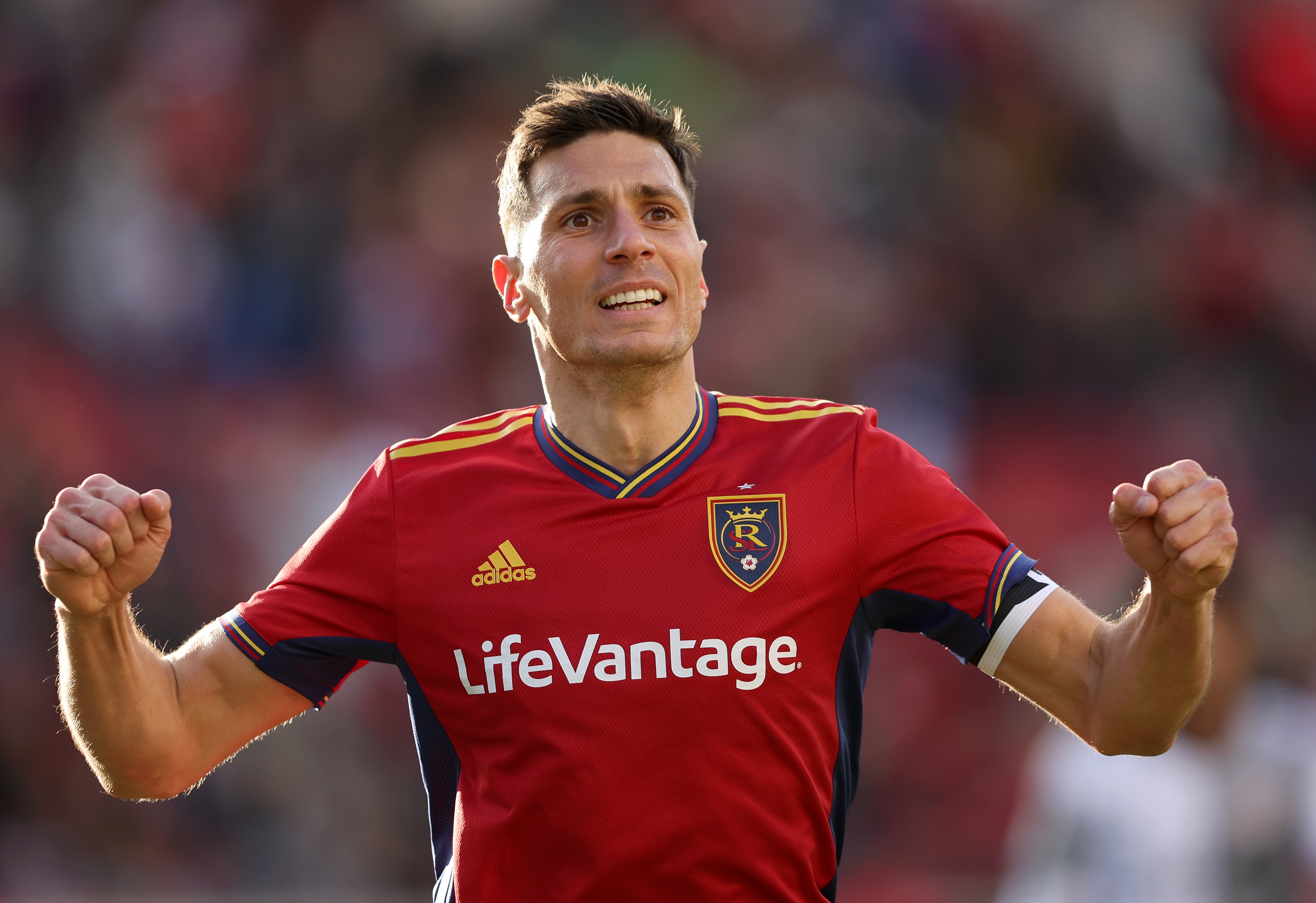 Real Salt Lake midfielder Damir Kreilach (8) celebrates a goal as Real Salt Lake and Toronto FC play at Rio Tinto Stadium in Sandy on Saturday, April 9, 2022.