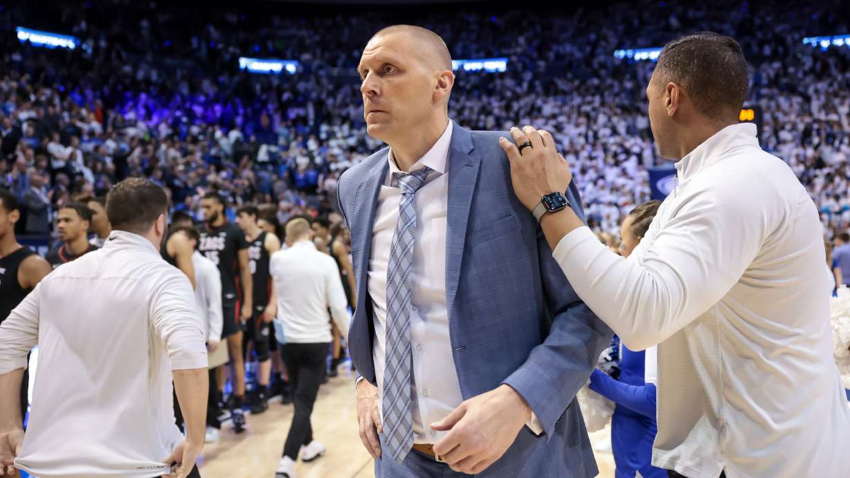 BYU Cougars head coach Mark Pope comes off the court after the Cougars lost to the Gonzaga Bulldogs, 75-74, at the Marriott Center in Provo on Thursday, Jan. 12, 2023.