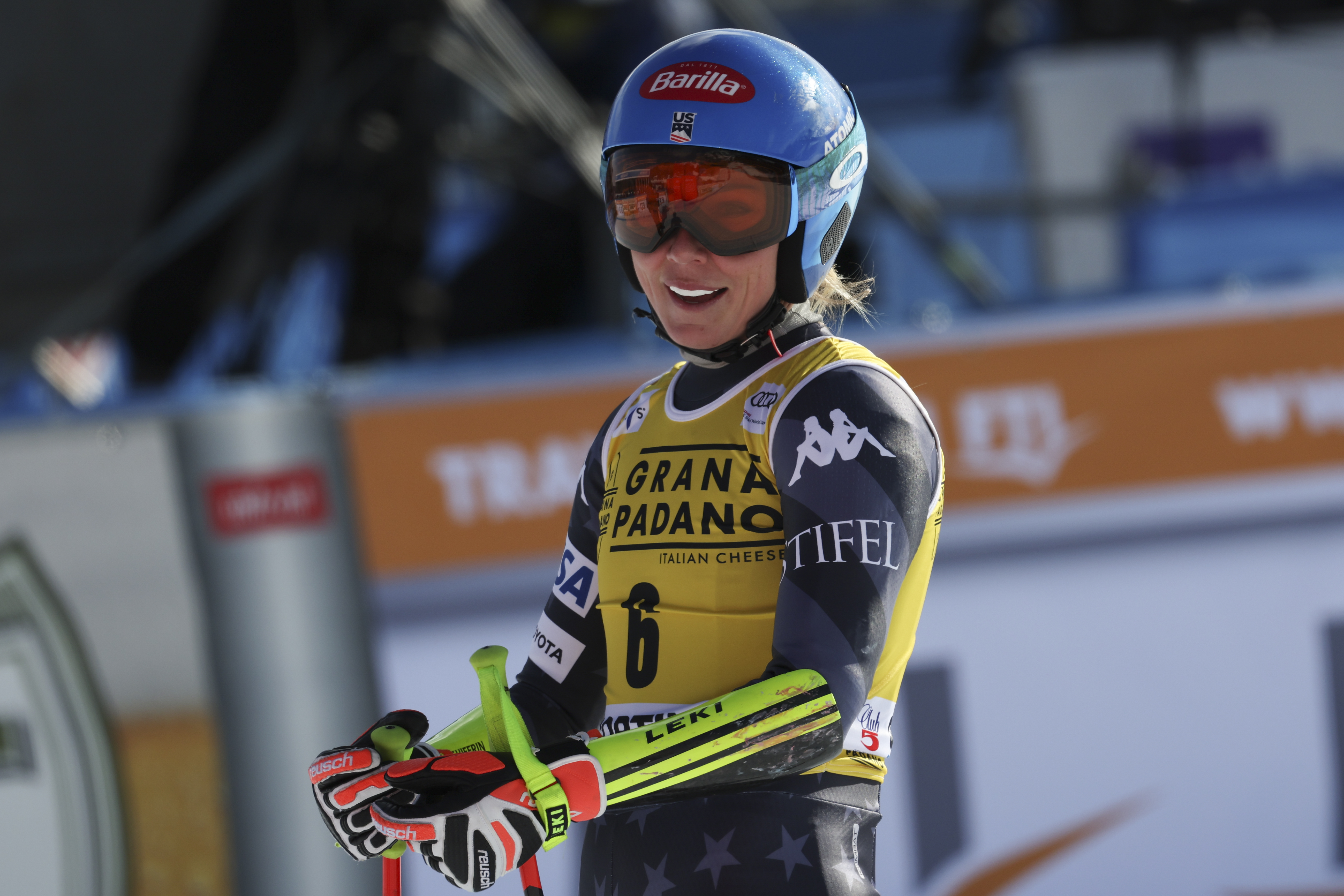United States' Mikaela Shiffrin smiles at the finish area of an alpine ski, women's World Cup super-G, in Cortina d'Ampezzo, Italy, Sunday, Jan. 22, 2023. 