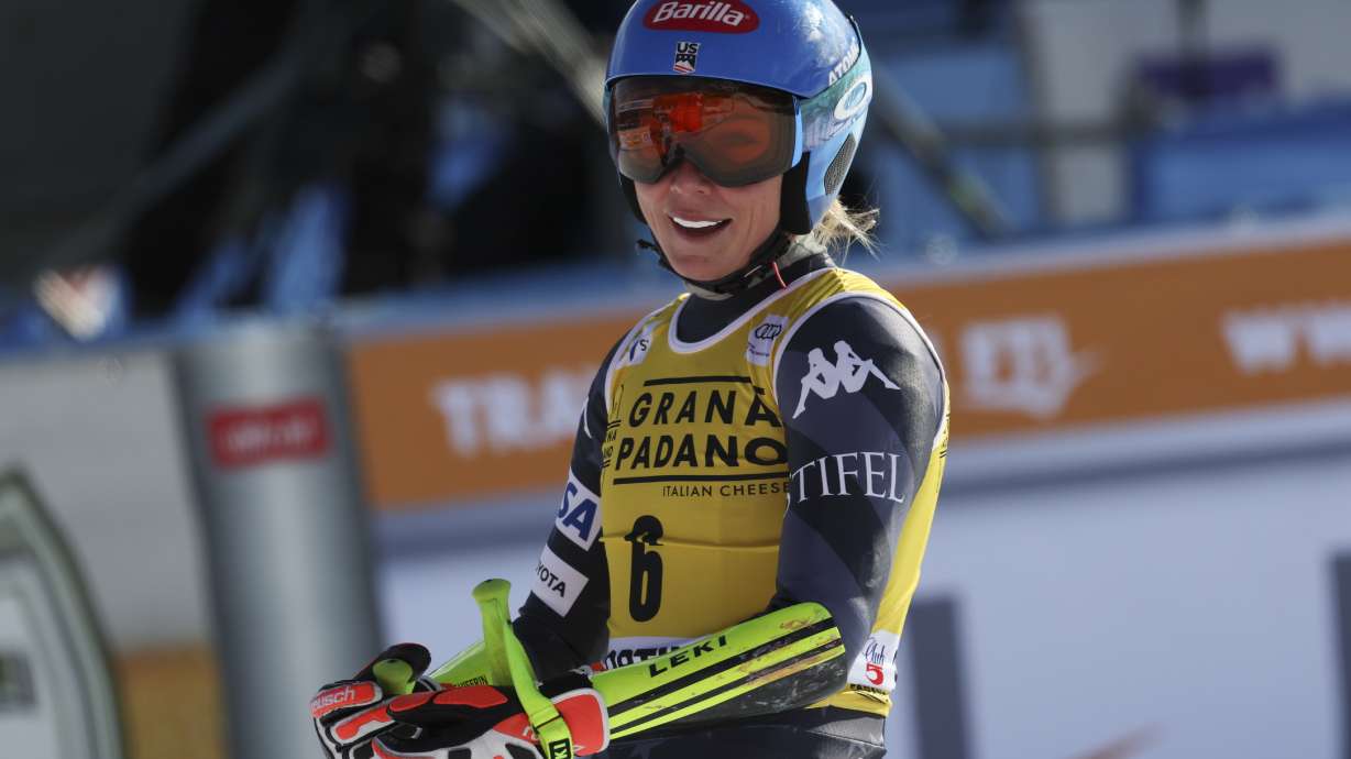United States' Mikaela Shiffrin smiles at the finish area of an alpine ski, women's World Cup super-G, in Cortina d'Ampezzo, Italy, Sunday, Jan. 22, 2023.