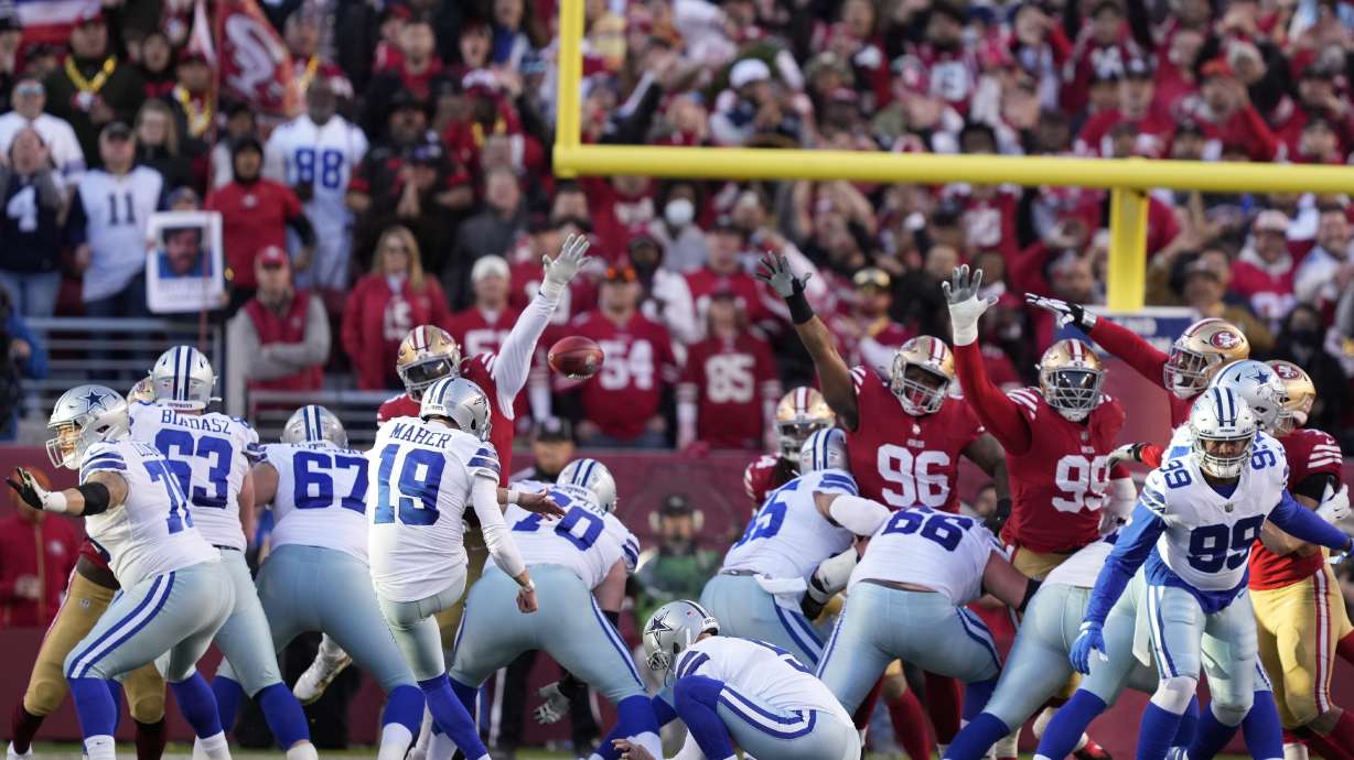 Dallas Cowboys place kicker Brett Maher (19) has a point after try blocked by San Francisco 49ers' Samson Ebukam during the first half of an NFL divisional round playoff football game in Santa Clara, Calif., Sunday, Jan. 22, 2023.