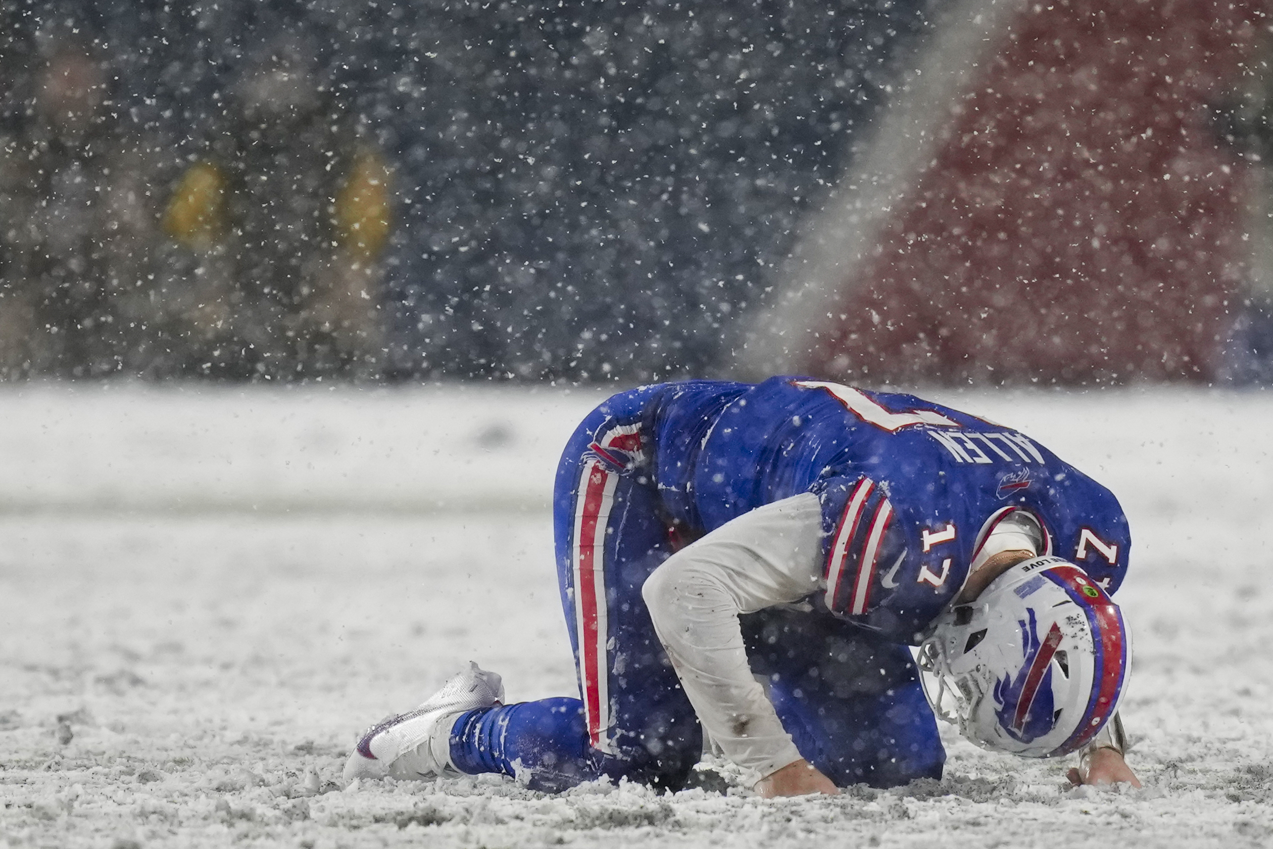 Buffalo Bills quarterback Josh Allen (17) reacts after being sacked by the Cincinnati Bengals during the fourth quarter of an NFL division round football game, Sunday, Jan. 22, 2023, in Orchard Park, N.Y.