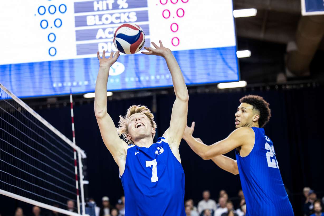 BYU setter Heath Hughes sets a pass during a 3-1 win over No. 14 Lewis, Jan. 7, 2023 in the Smith Fieldhouse in Provo.