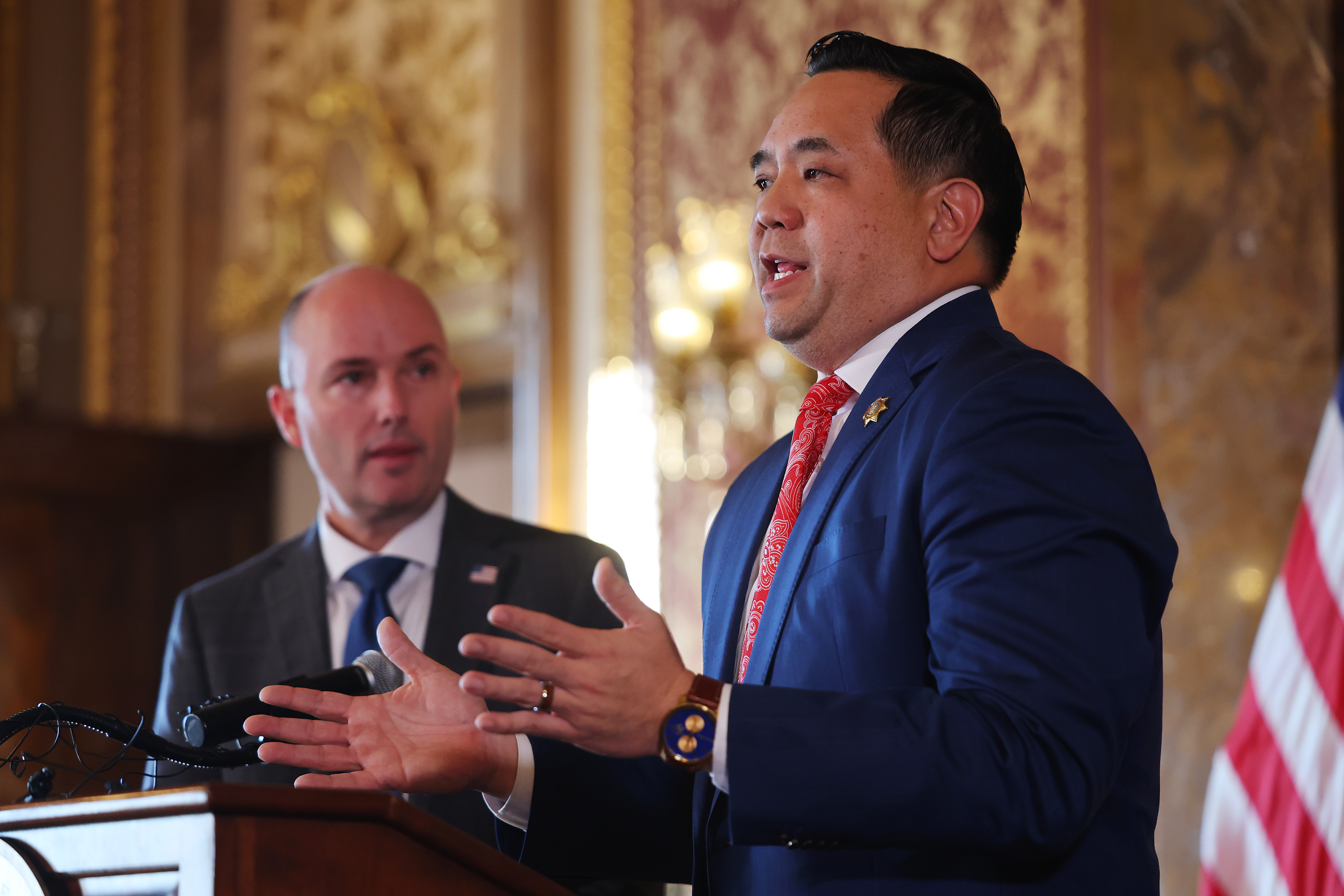 Sean Reyes, Utah Attorney General speaks at a press conference announcing pending actions addressing the harmful impacts social media is having on youth mental health and well-being, in the Gold room at the Capitol on Monday.