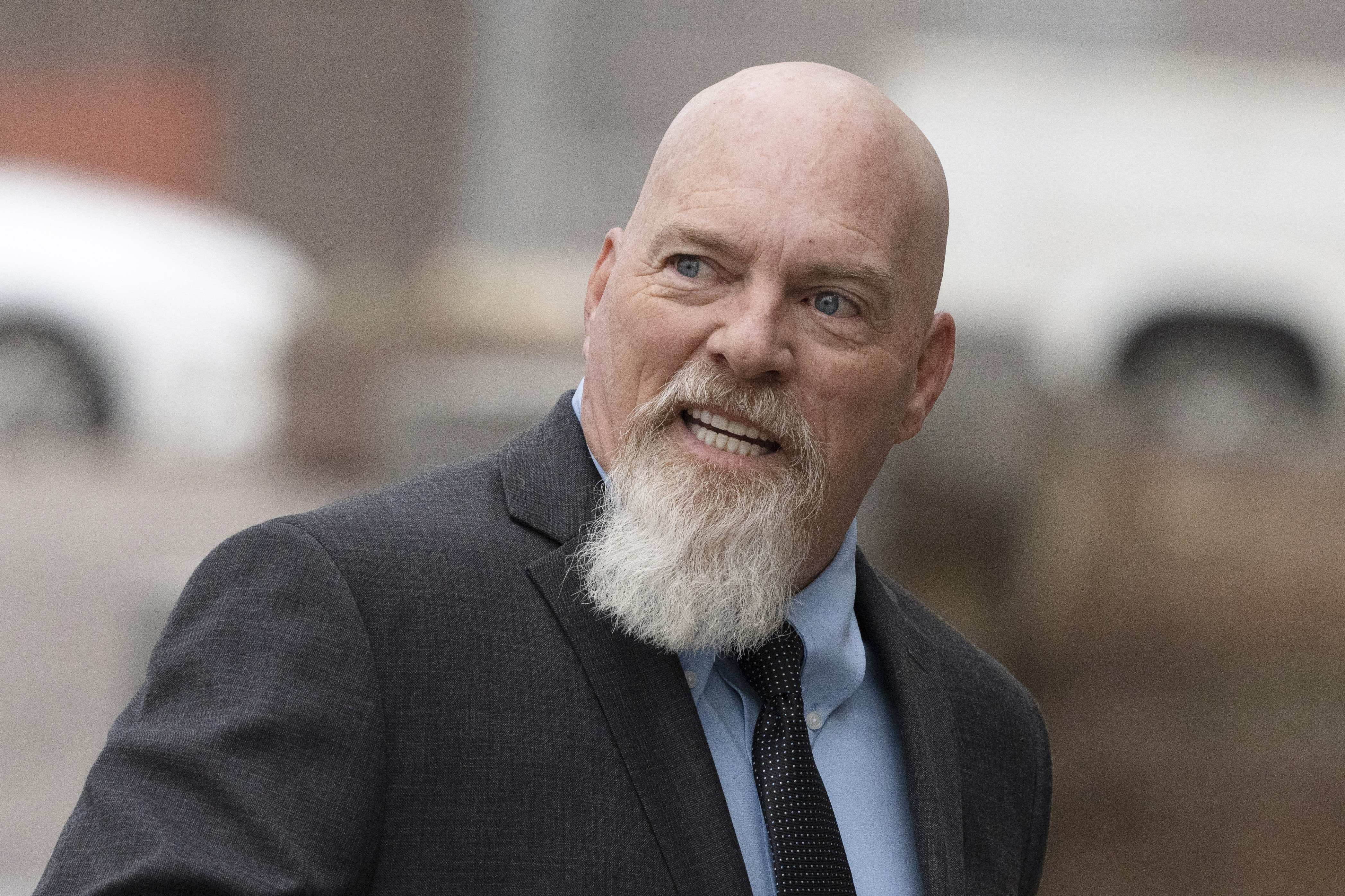 Richard Barnett, an Arkansas man who was photographed with his feet on a desk in former House Speaker Nancy Pelosi's office during the Jan. 6 U.S. Capitol riot, arrives at federal court in Washington, Jan. 10. A jury deliberated for approximately two hours before unanimously convicting Barnett Monday.