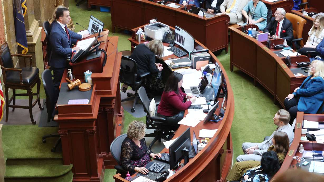House Speaker Brad Wilson, R-Kaysville, gives his speech during the opening day of the 2023 Utah Legislature session at the Capitol in Salt Lake City on Tuesday.