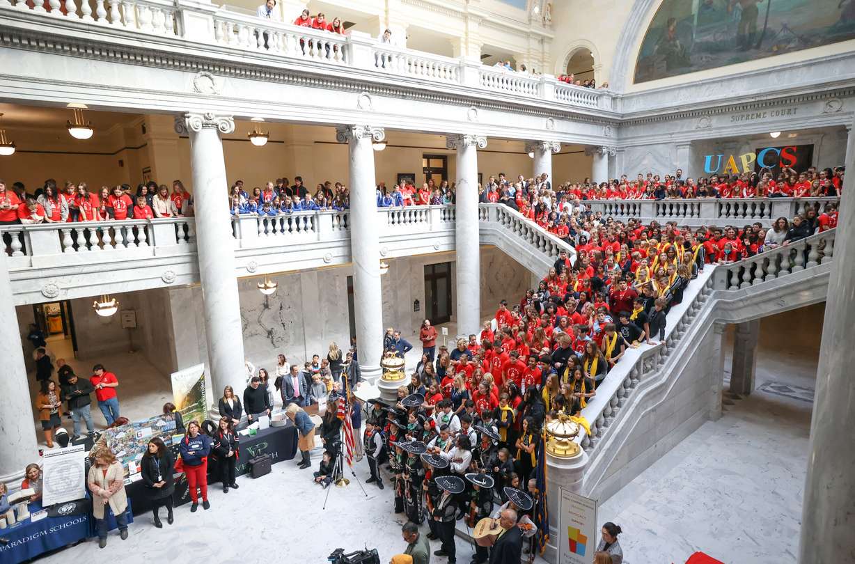 Hundreds of students attend a rally to support school choice, hosted by the Utah Association of Public Charter Schools, at the Capitol in Salt Lake City on Monday. Nearly 1,000 charter school students from Logan to St. George on Monday descended upon the Utah Capitol Rotunda to rally and advocate for school choice as controversial bill makes its way through the legislature.